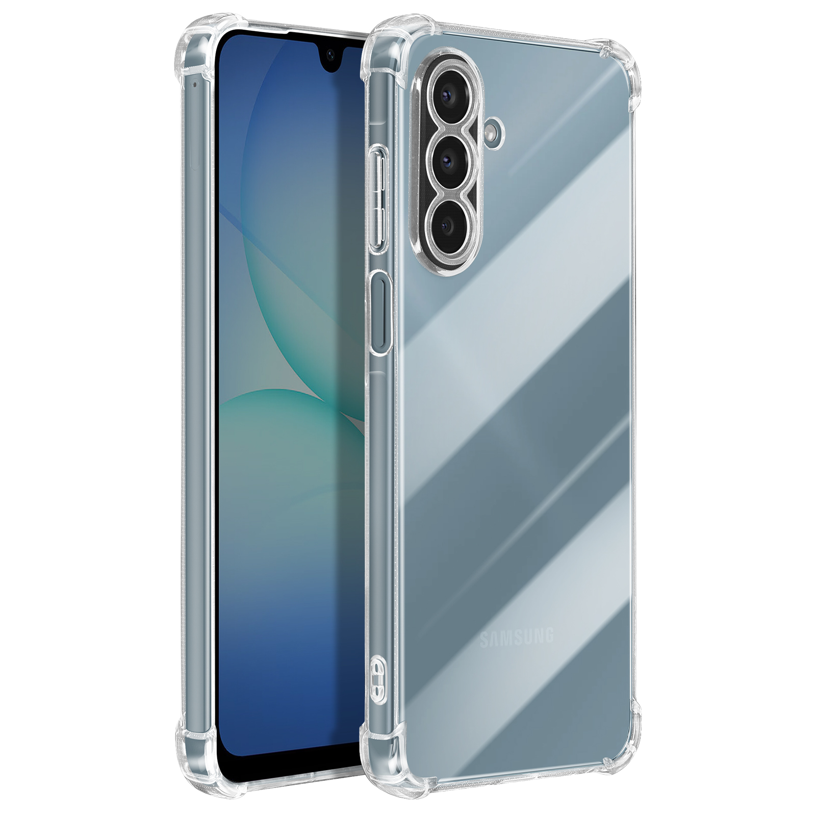 Coque transparente avec coins renforcés, montrant une triple caméra.