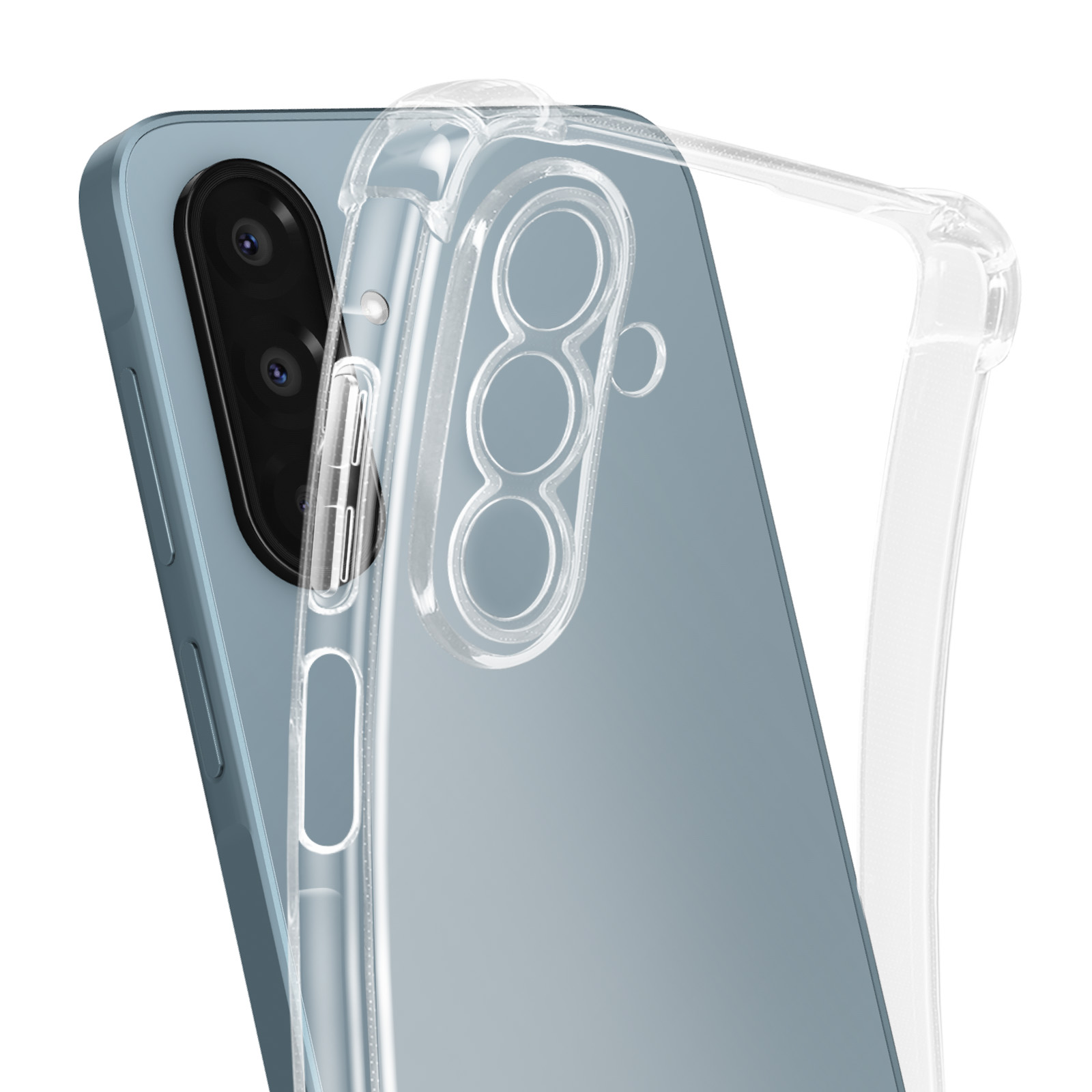 Coque transparente sur un téléphone bleu avec trois caméras.