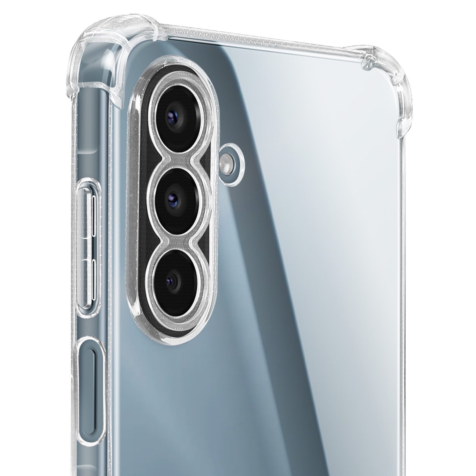 Coque transparente montrant trois objectifs de caméra et boutons latéraux sur fond bleu-blanc.