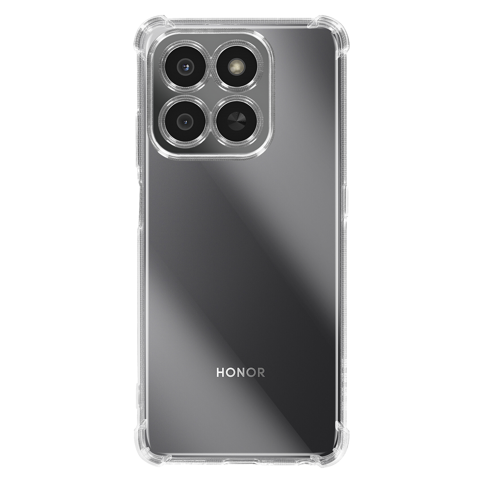 Custodia trasparente per telefono con quad camera e logo Honor.