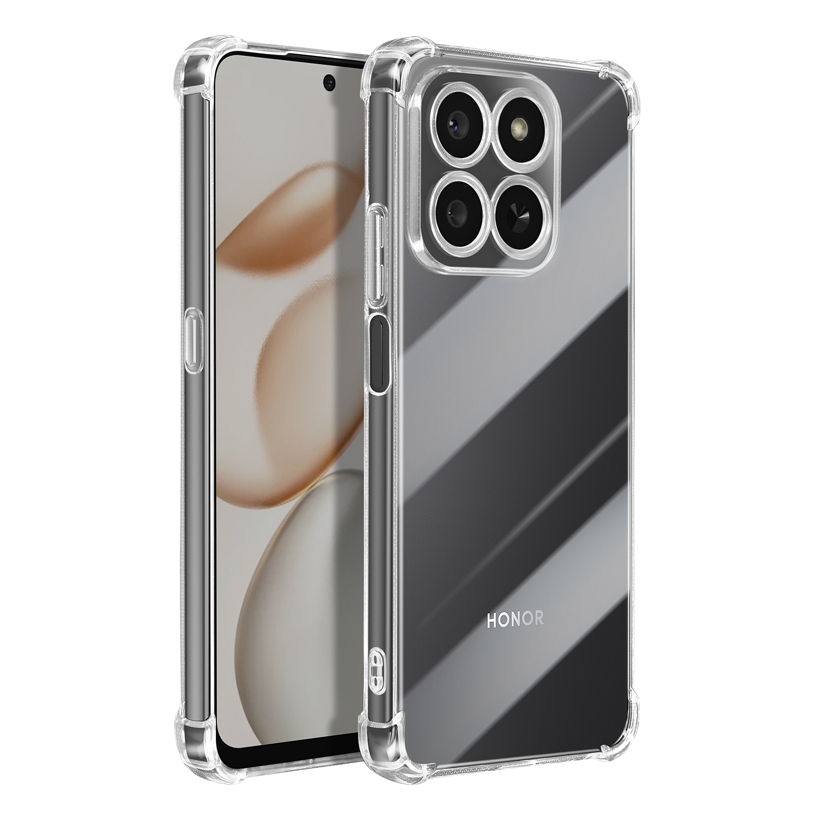 Una cover trasparente per telefono con angoli rinforzati e configurazione a quattro fotocamere.