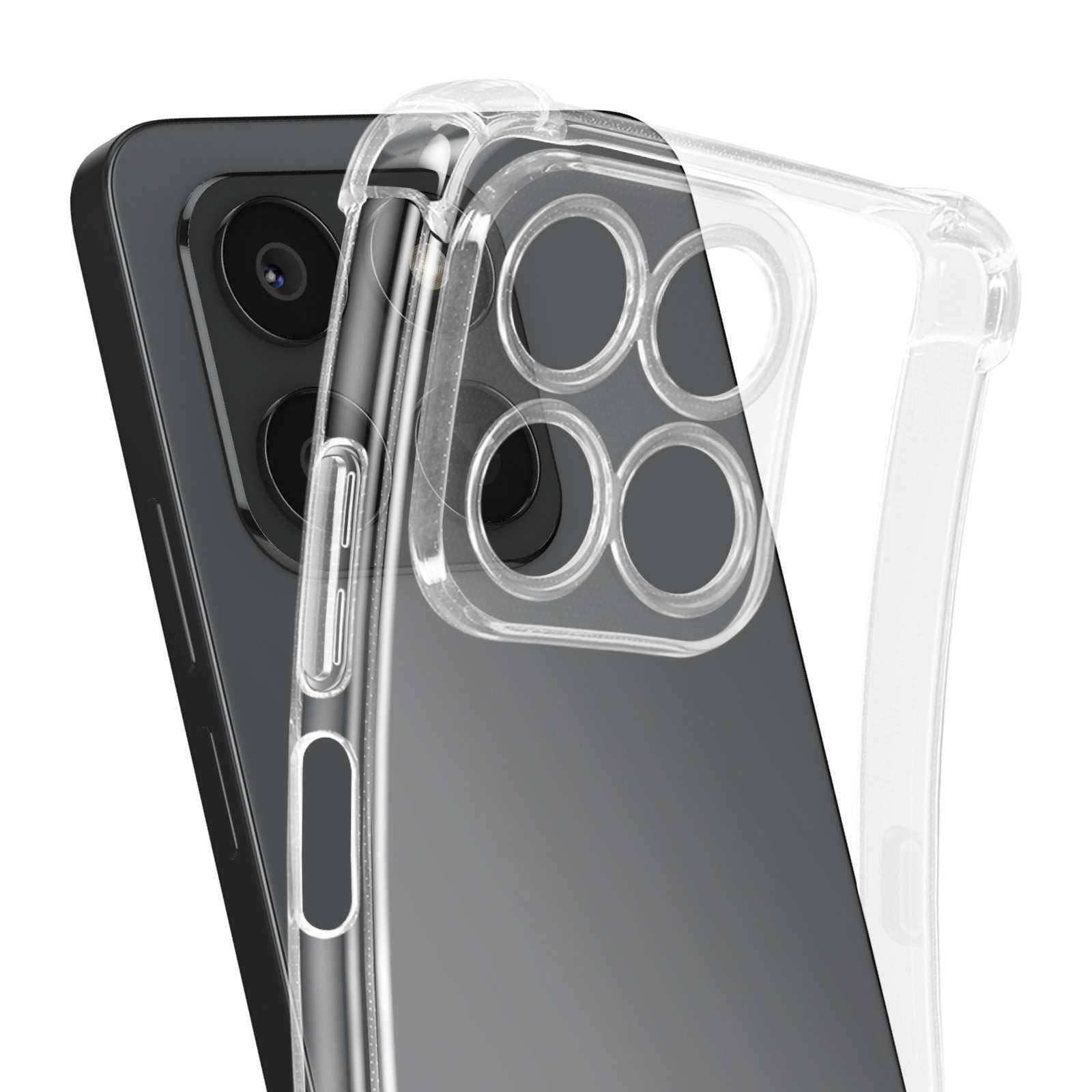 Una custodia trasparente su uno smartphone scuro con quattro fotocamere.