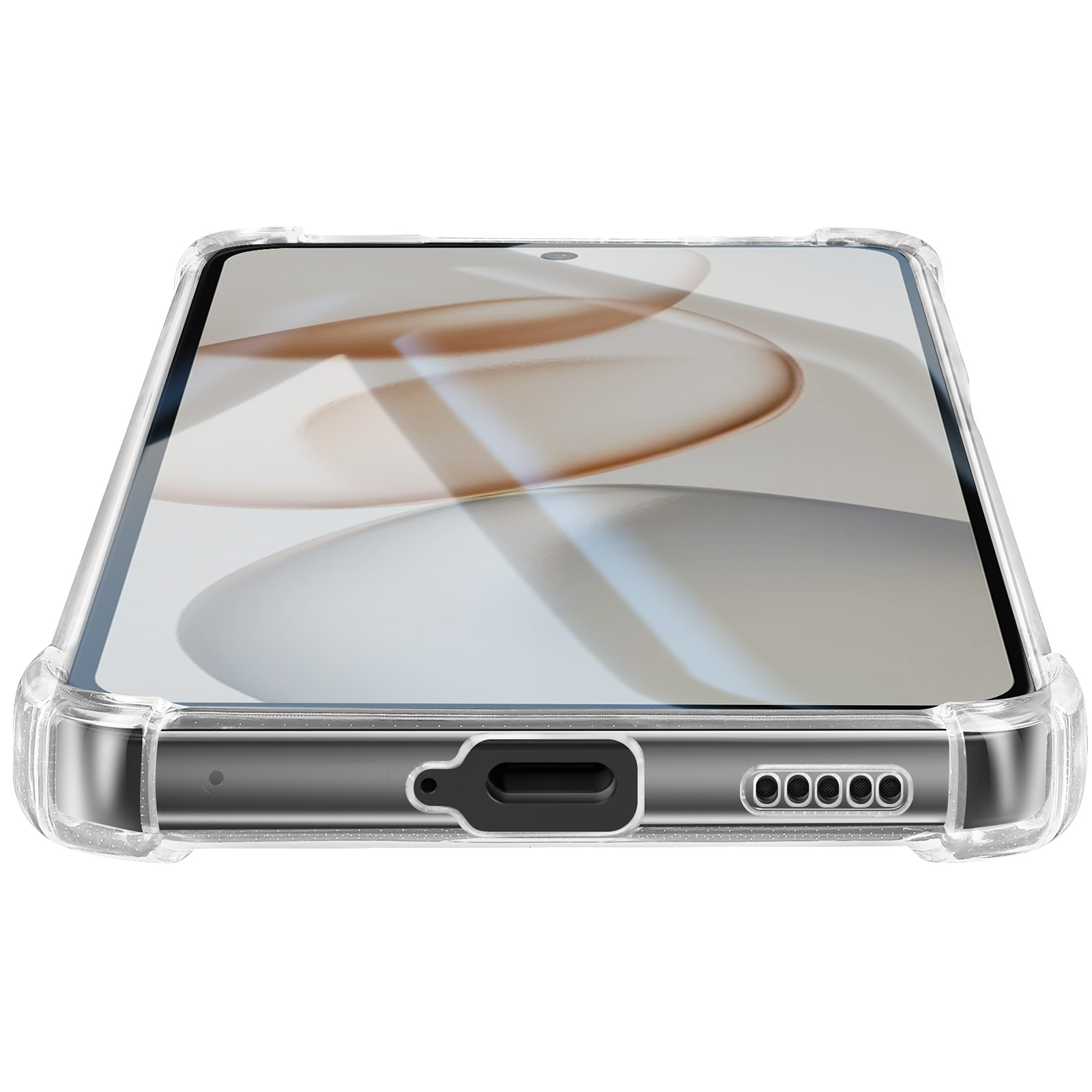 Una custodia trasparente protegge uno smartphone con porta di ricarica.