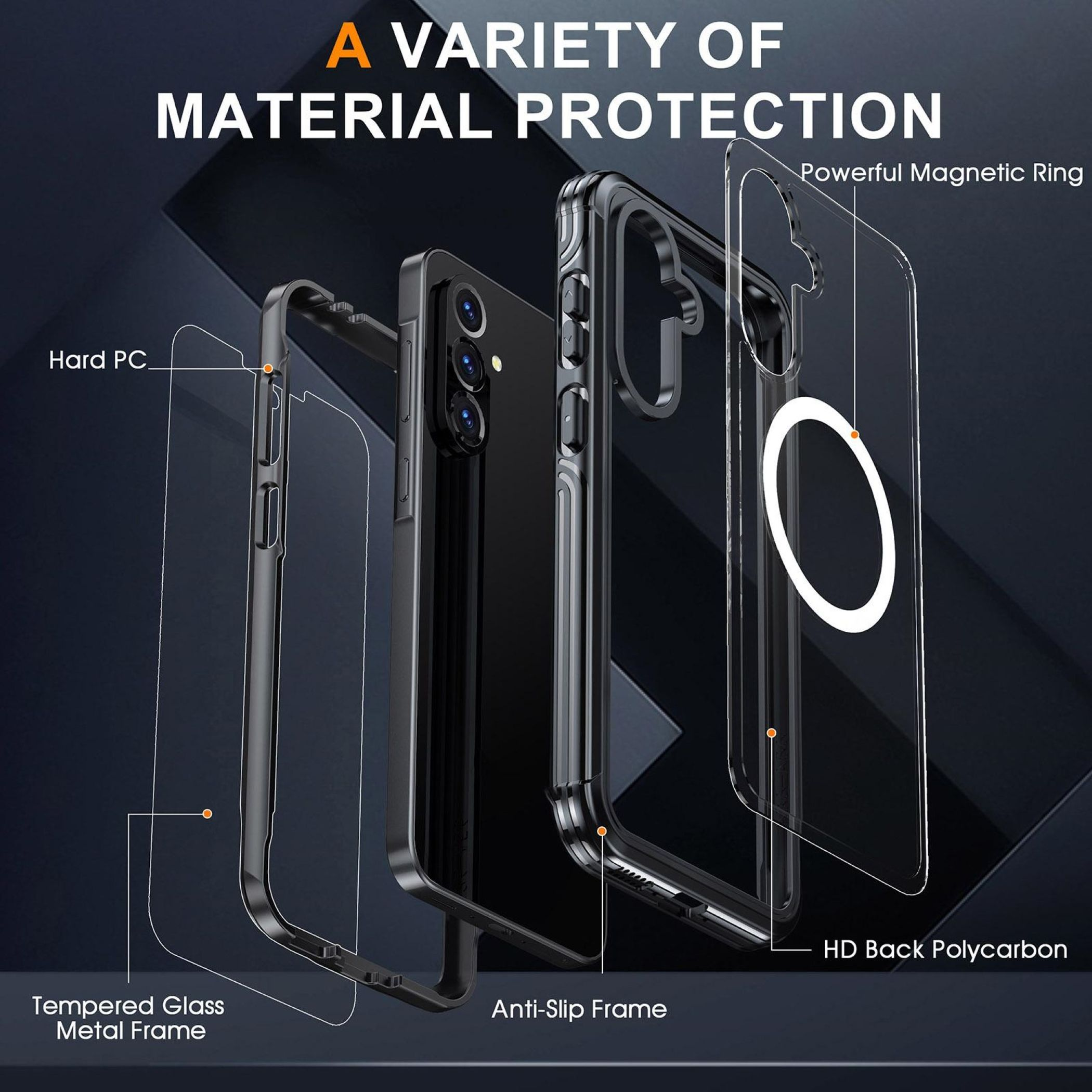 Vista esplosa di una cover nera per telefono con anello magnetico e retro in policarbonato HD.