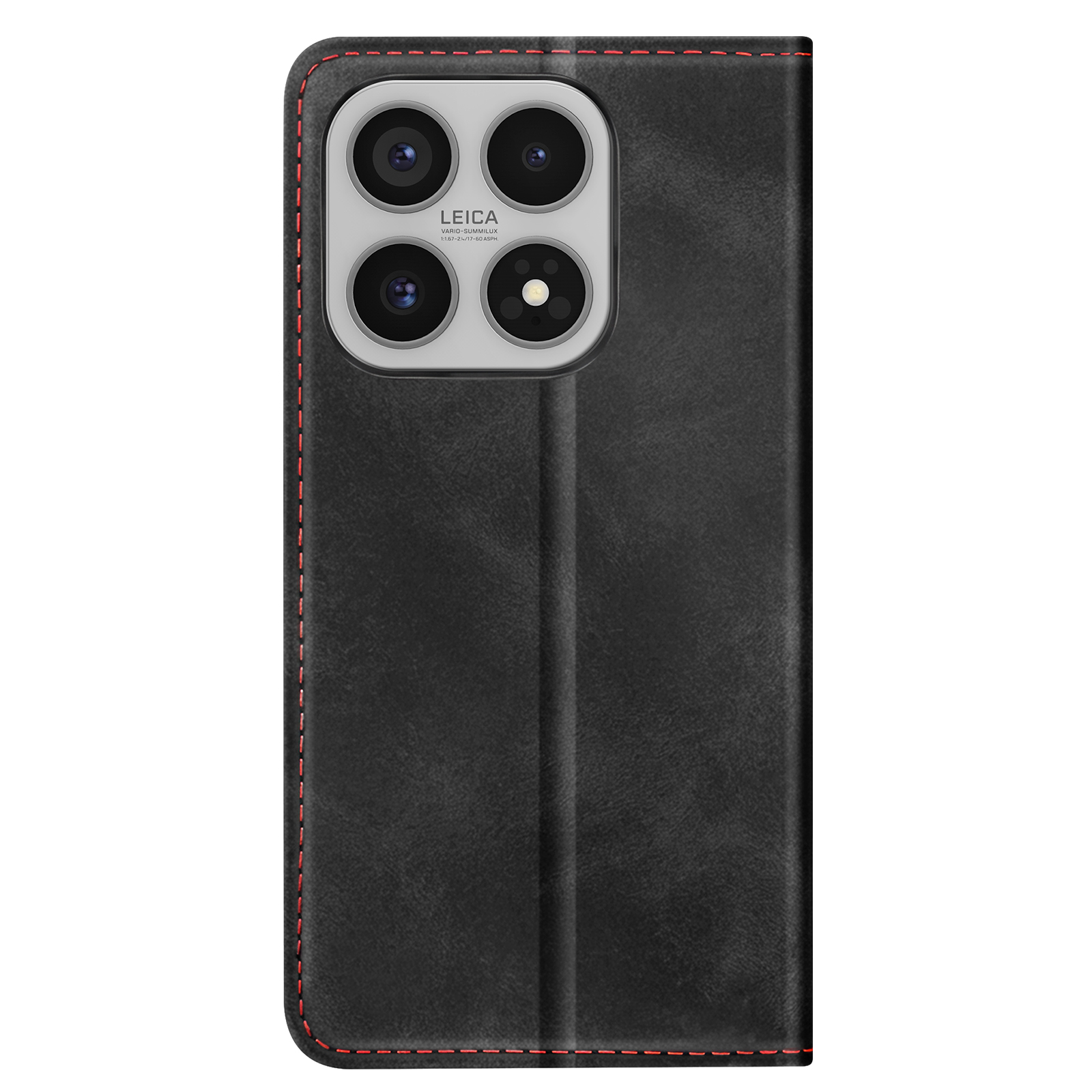Custodia nera per telefono con quattro fotocamere, cuciture rosse e logo Leica.