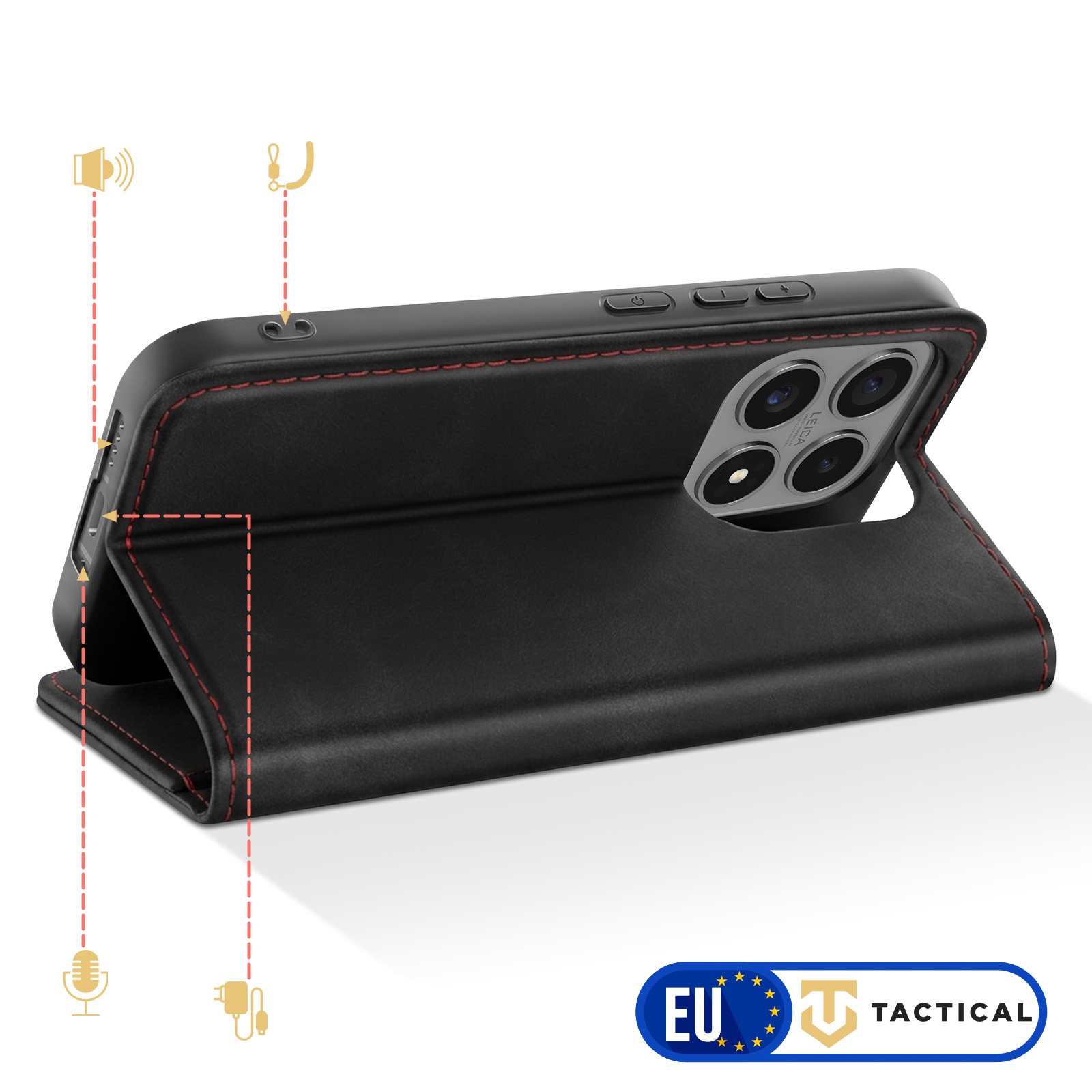 Custodia in pelle nera con cuciture rosse, mostra fotocamera e pulsanti.