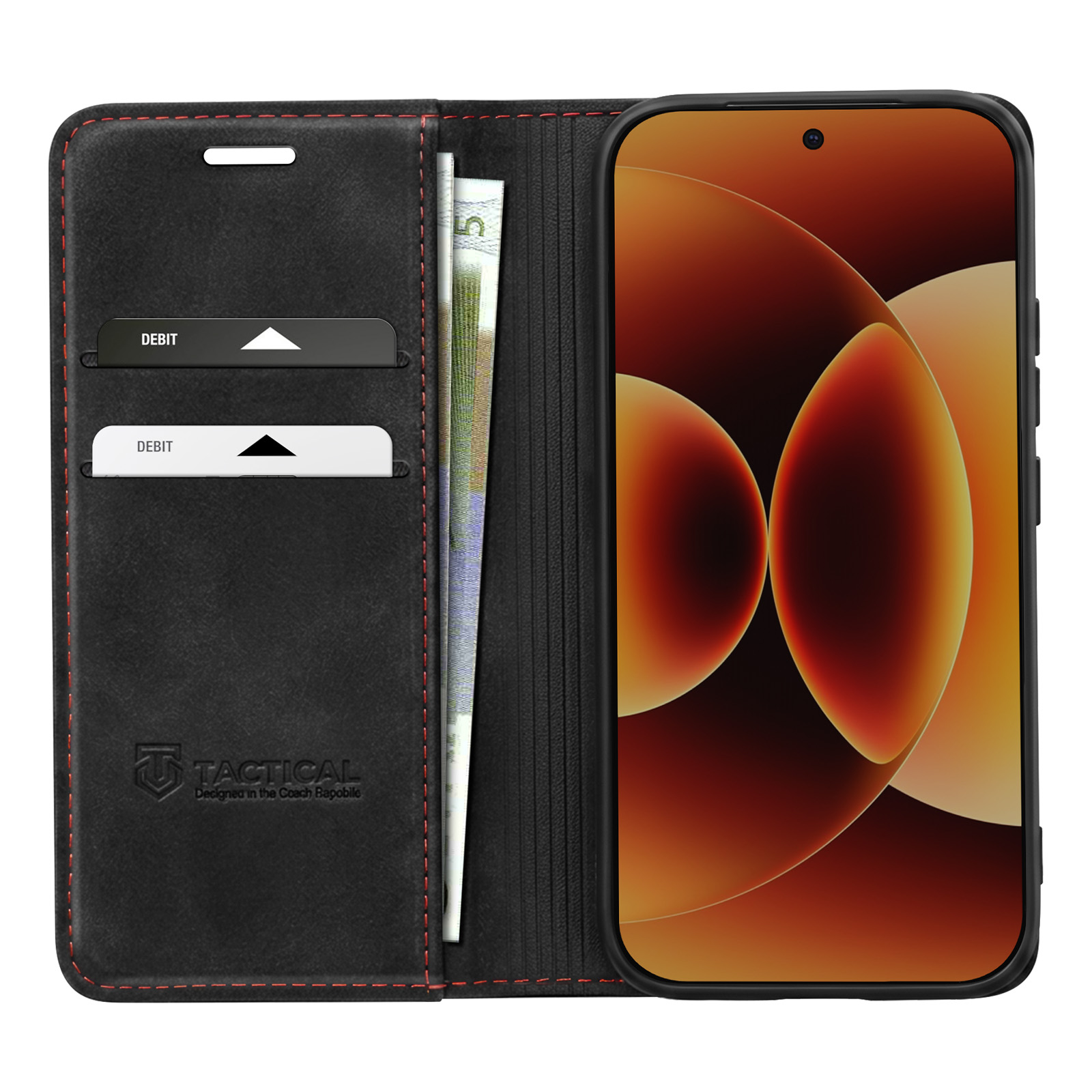Custodia a portafoglio in pelle nera con cuciture rosse, due slot per carte e tasca per contanti. Uno smartphone è inserito.