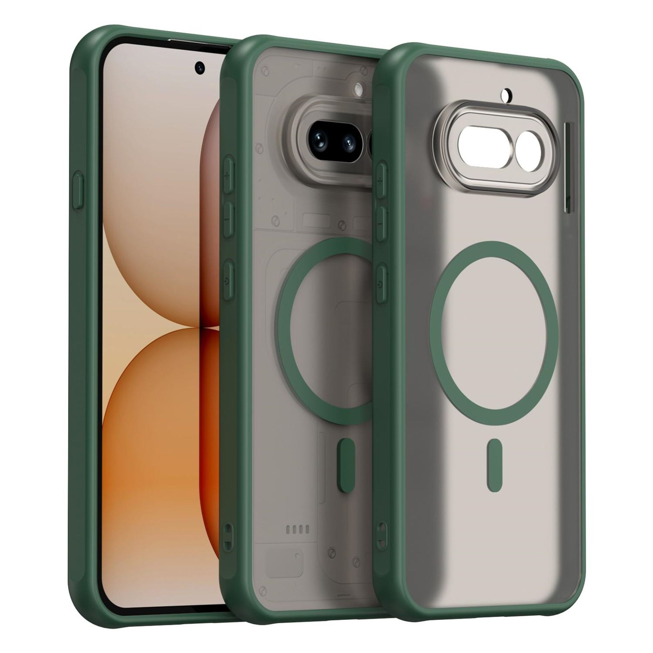 Ein grünes Handycover mit transparentem Rückteil und Magnetring.