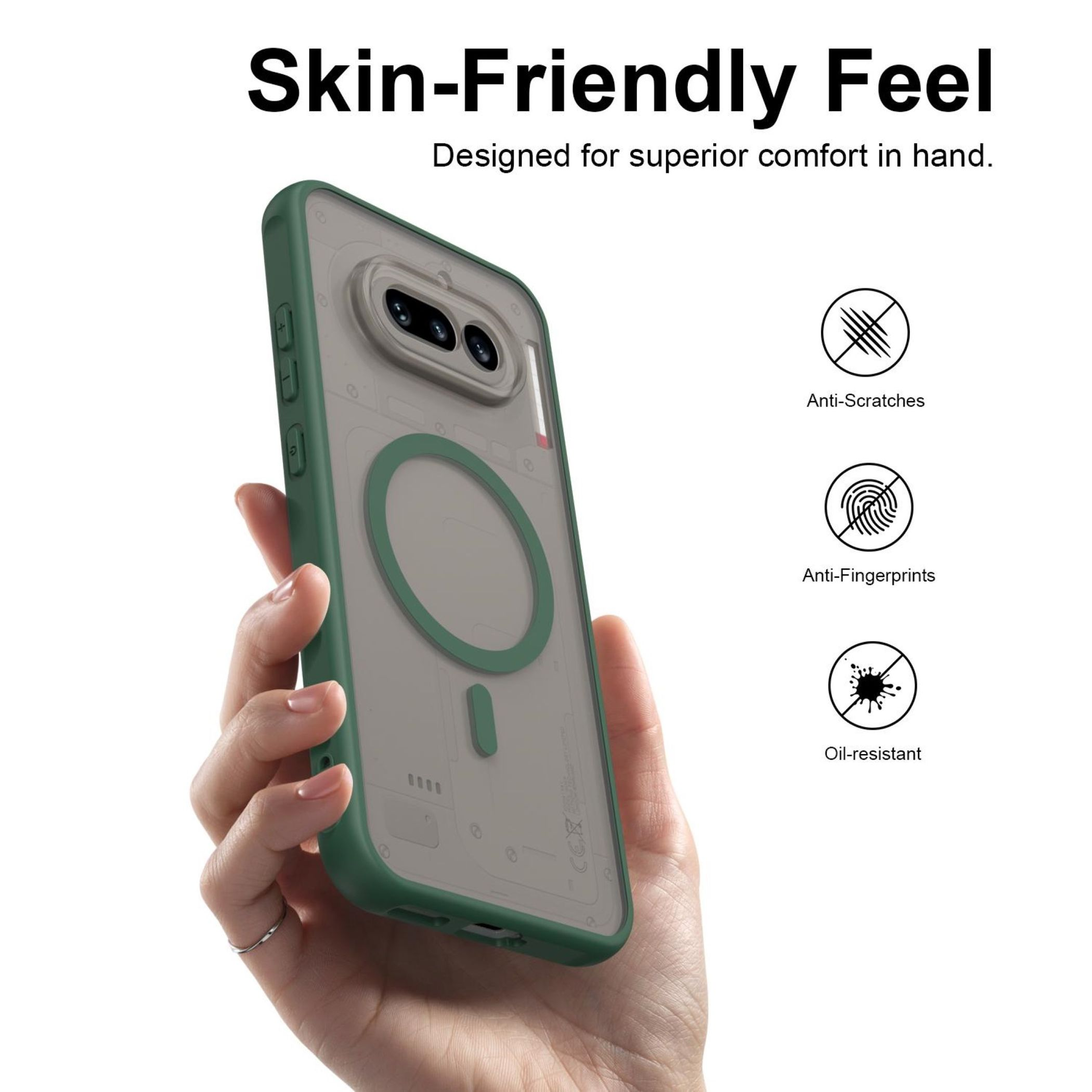 Eine Hand hält eine grüne Handyhülle mit klarem Rückenteil. Icons für Kratzerschutz.