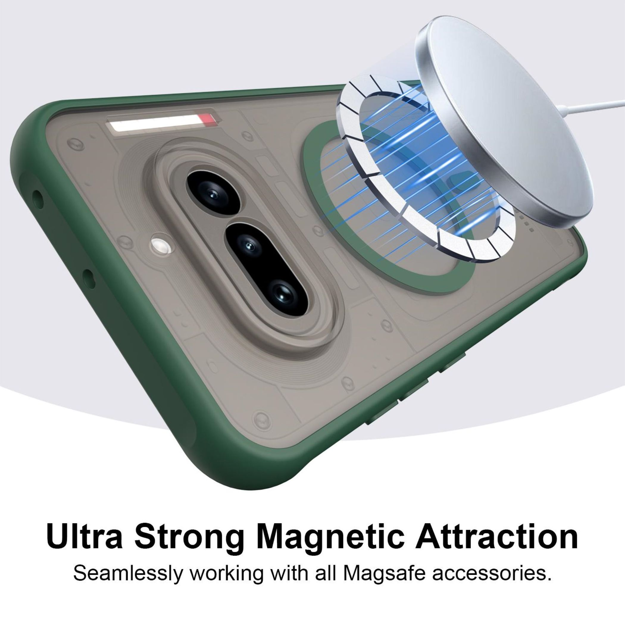 Grüne Handyhülle mit Magsafe-Ladegerät und blauen Lichtstrahlen.