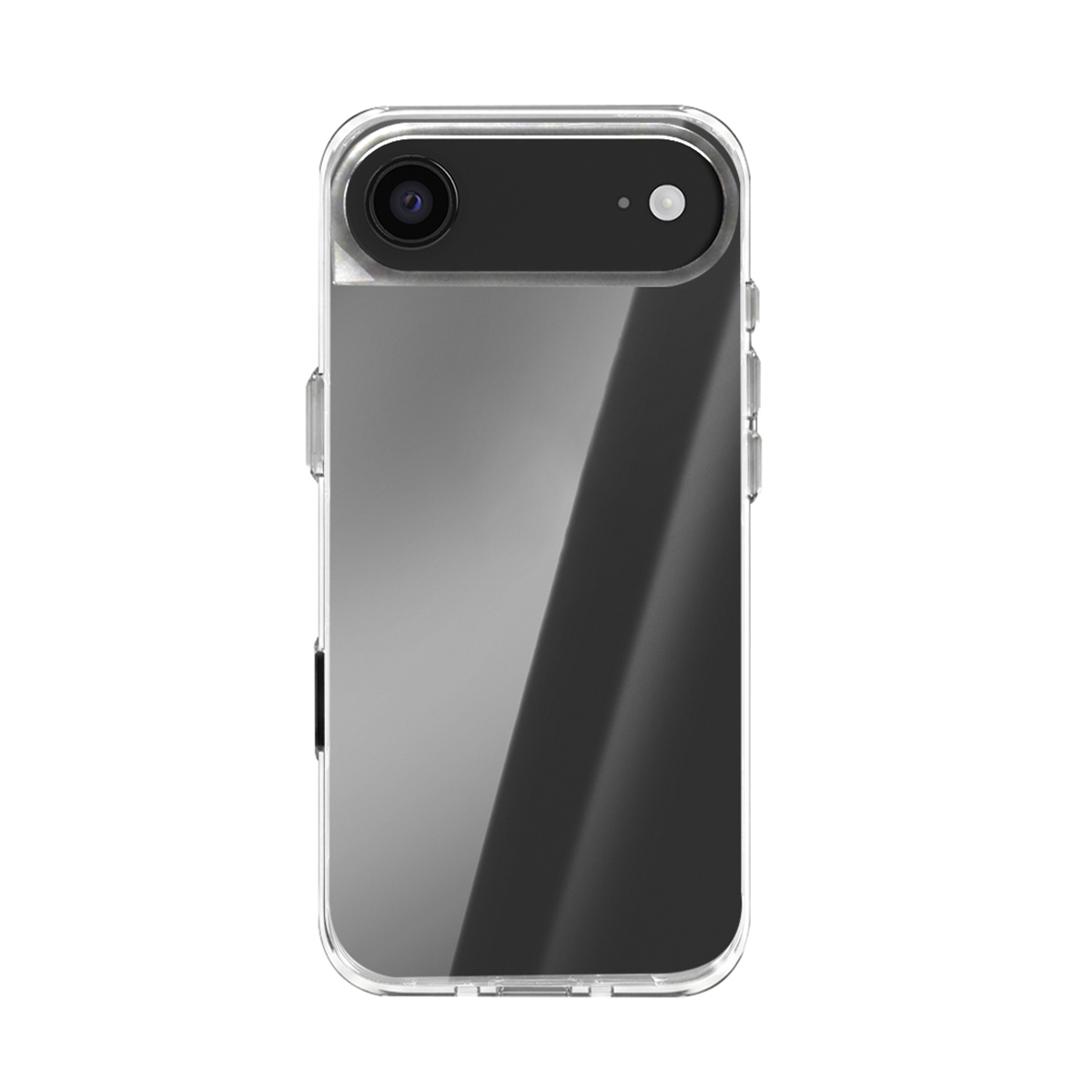 Arrière d'une coque de téléphone transparente avec module caméra noir et surface réfléchissante.