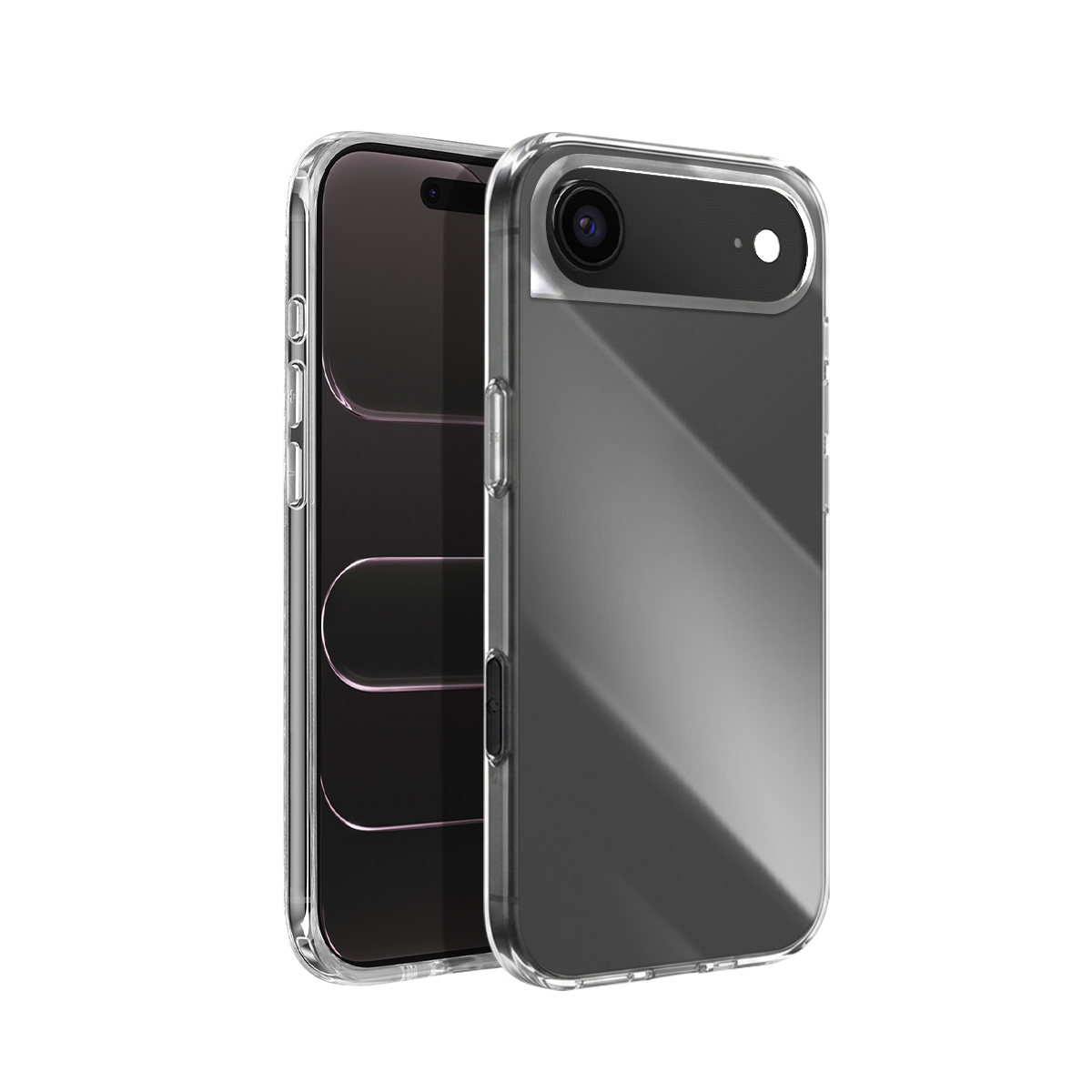 Une coque de téléphone transparente avec un éclat argenté et découpe caméra.
