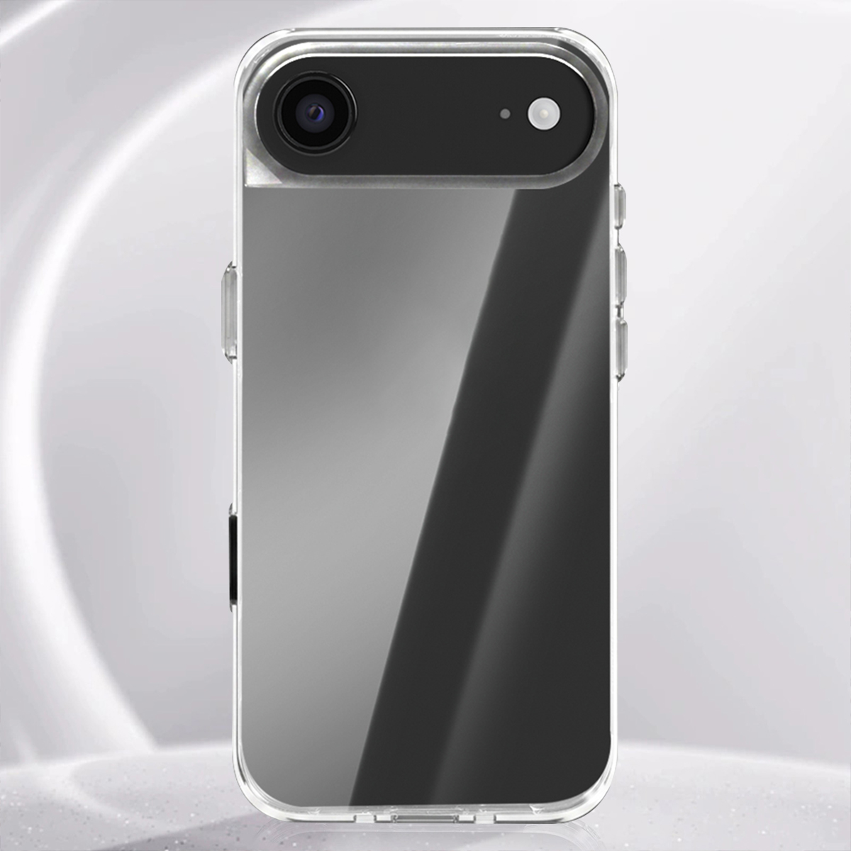 Une coque de téléphone transparente avec module caméra noir sur fond gris.