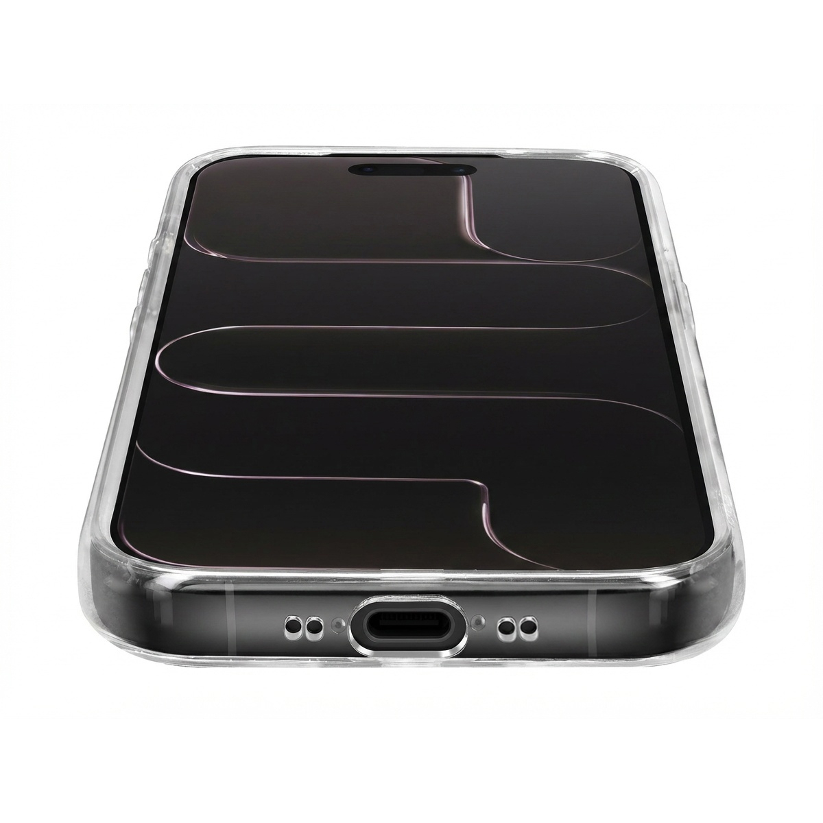 Une coque de téléphone transparente autour d'un smartphone sombre avec port de charge.