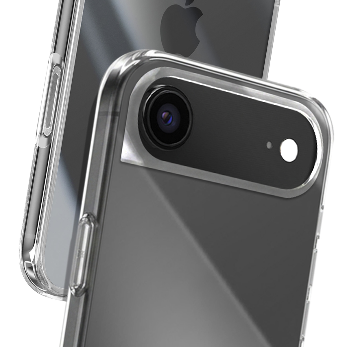 Gros plan d'une coque de téléphone transparente, axé sur l'objectif de la caméra et le flash.