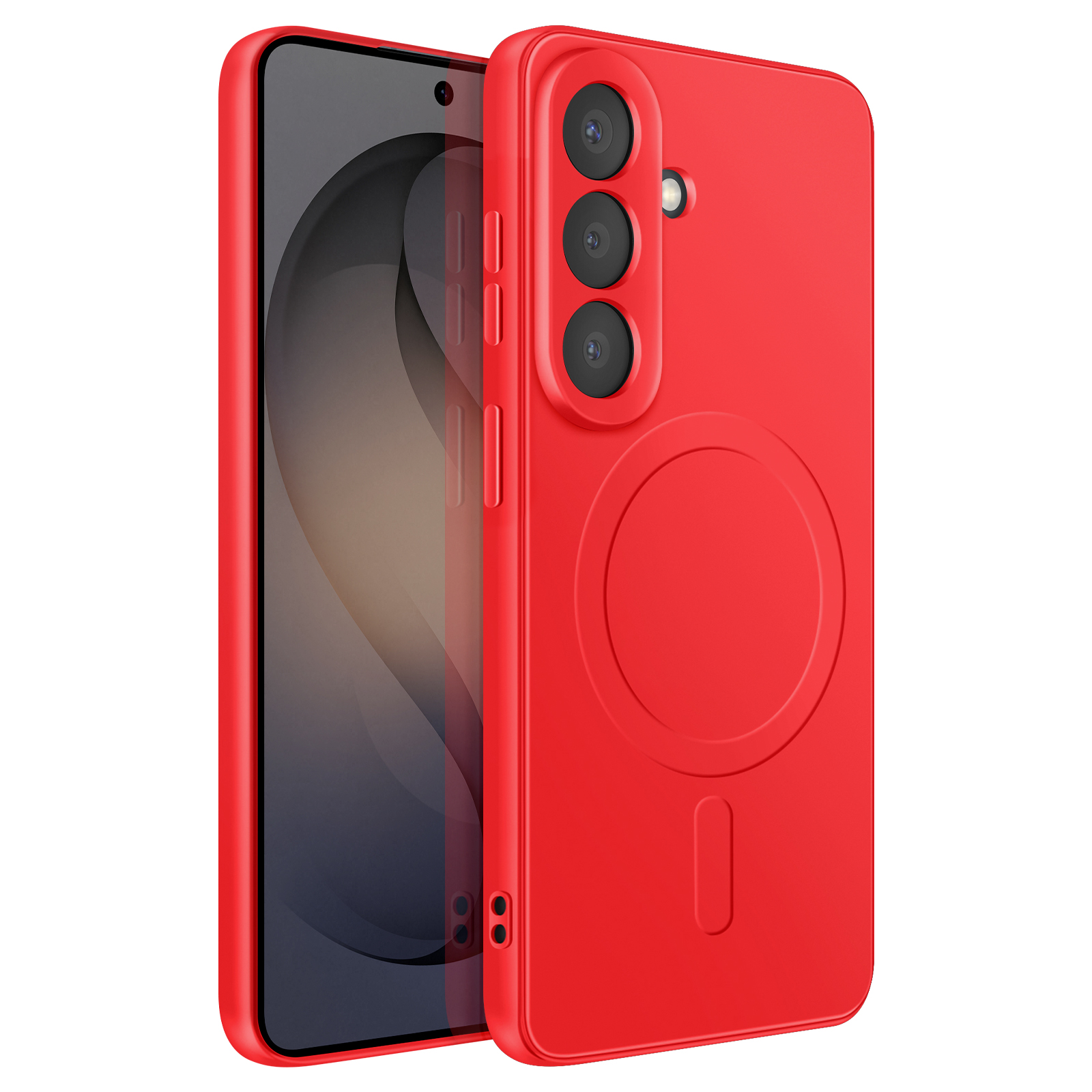 Rode telefoonhoes met drie camera's en een cirkelvormig ontwerp op de achterkant.