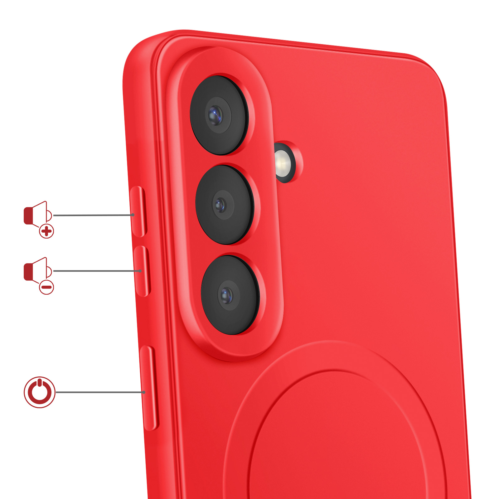 Rode smartphone met drie cameralenzen en volumeknoppen.