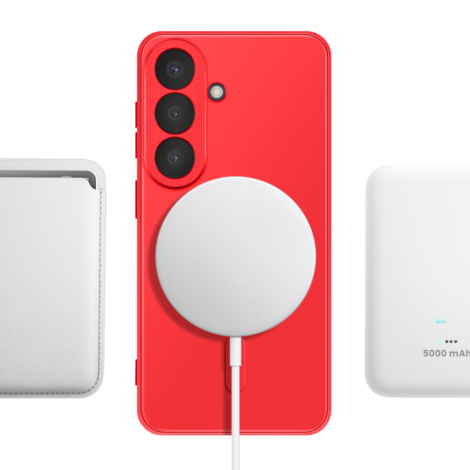 Een rode smartphone met drie camera's, naast een witte telefoonhoes en een witte oplader.
