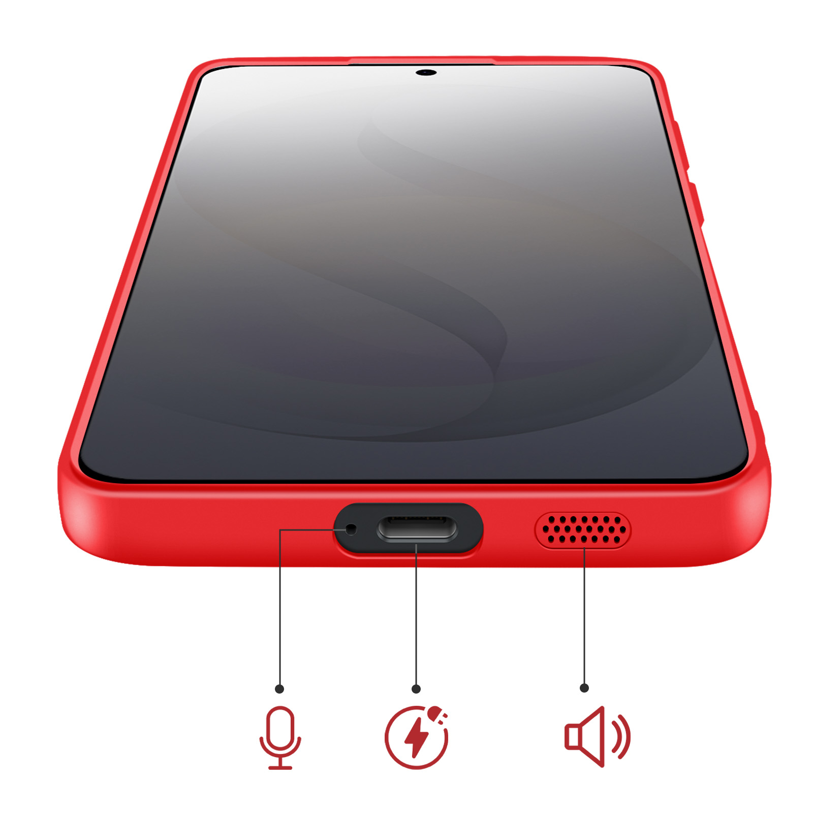 Rode telefoonhoes met USB-C poort, microfoon, luidspreker en laadicoon.
