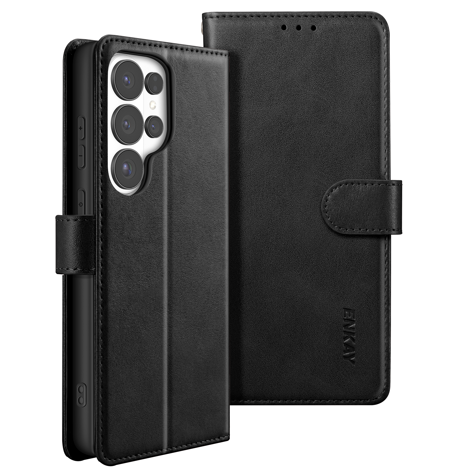 Custodia a libro in pelle nera per smartphone con tre fotocamere.