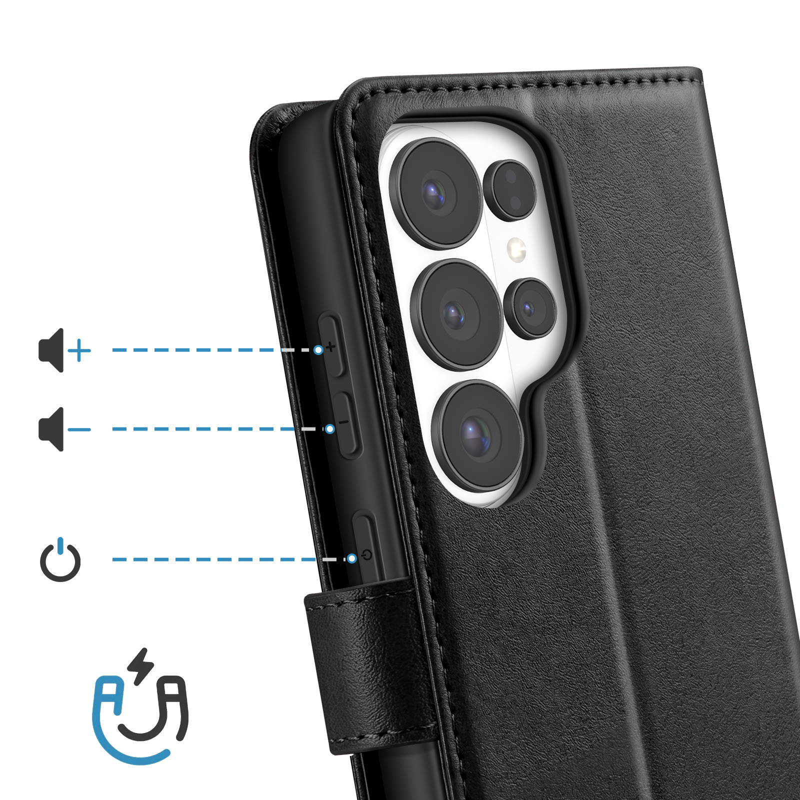 Custodia flip in pelle nera per smartphone con fotocamere e pulsanti visibili.