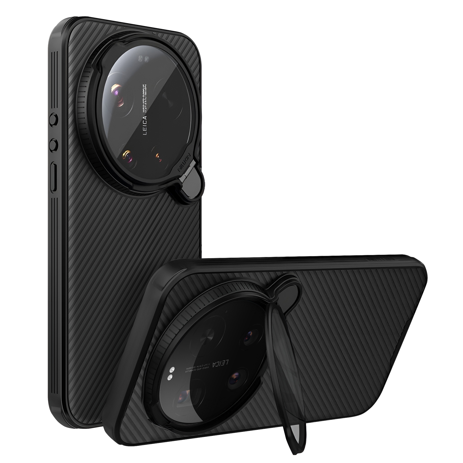 Due custodie nere per telefono con protezione fotocamera mostrate in dettaglio.