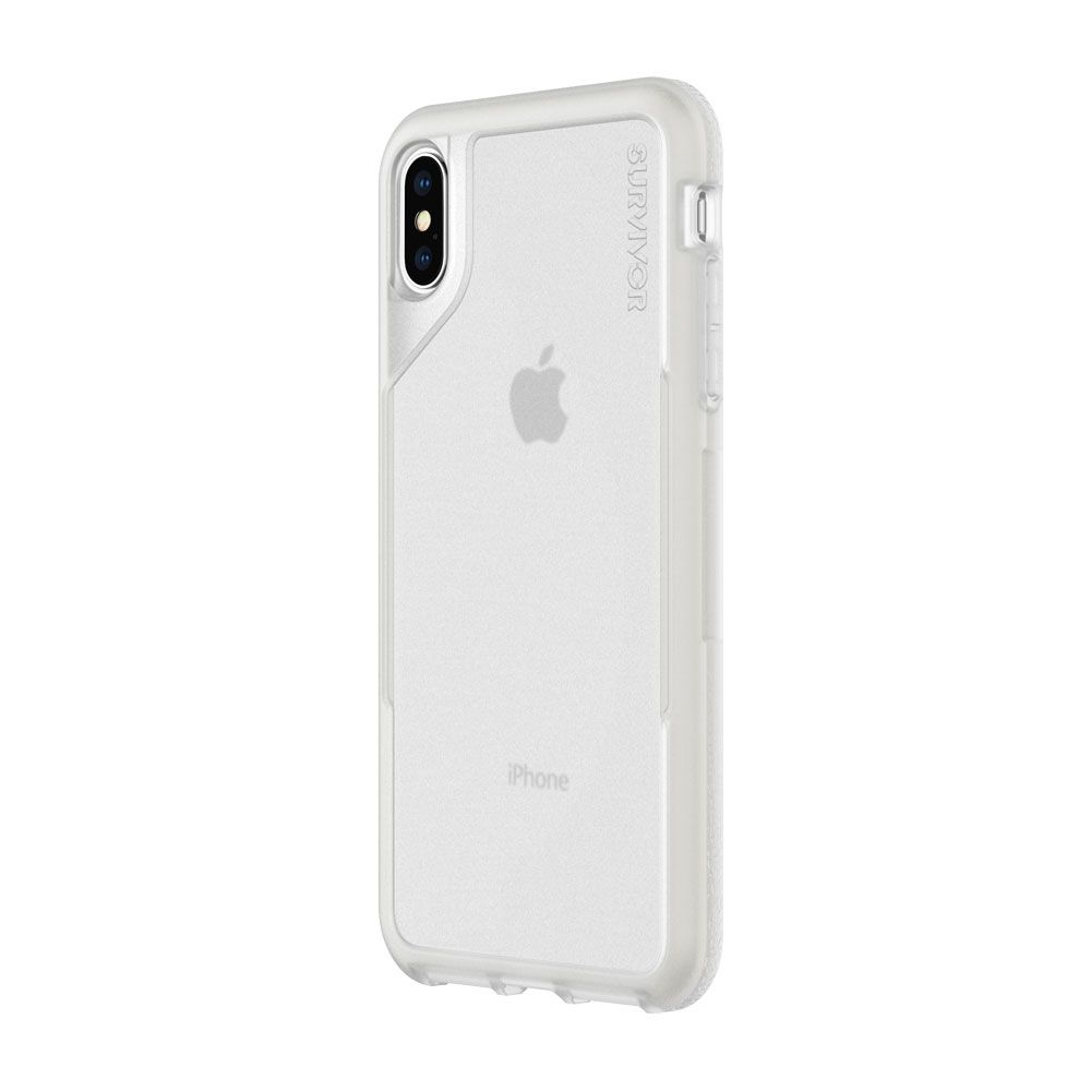 Ein transparentes iPhone-Schutzgehäuse mit weißem Rahmen, auf weißem Hintergrund.