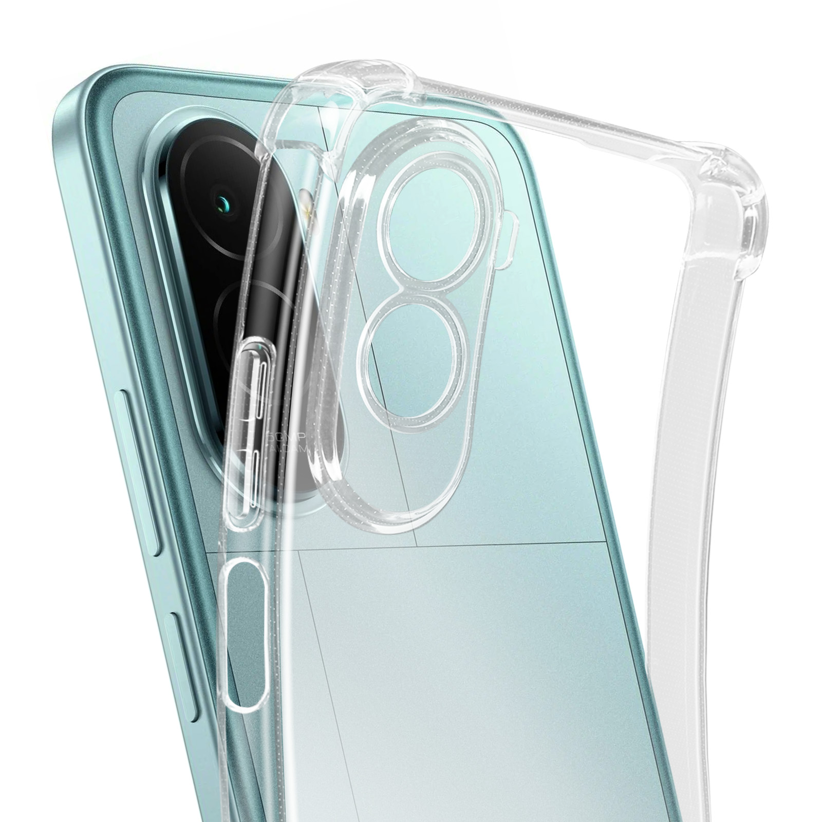 Una custodia trasparente per telefono su uno smartphone verde chiaro, vista ravvicinata.