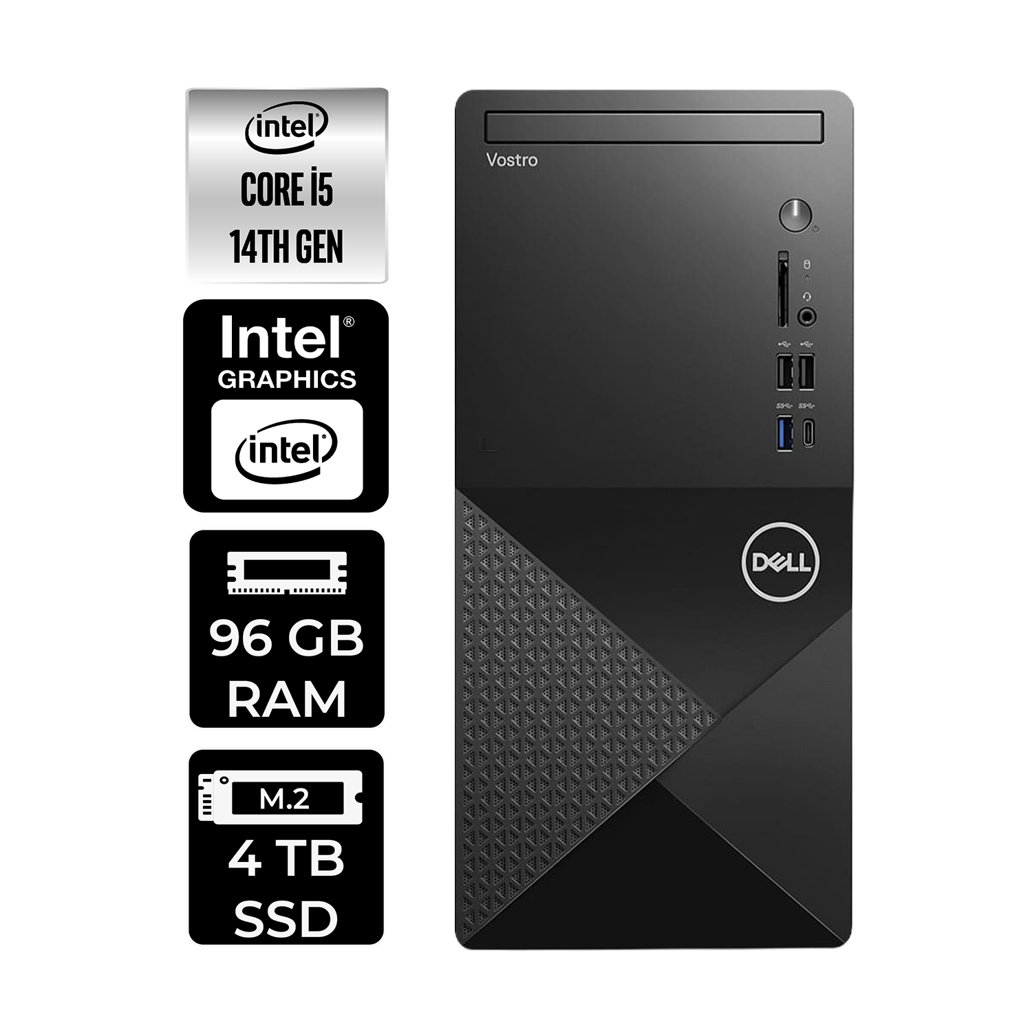 Intel Core i5 14. Nes, 96 GB RAM, 4 TB SSD'li siyah Dell Vostro masaüstü PC.