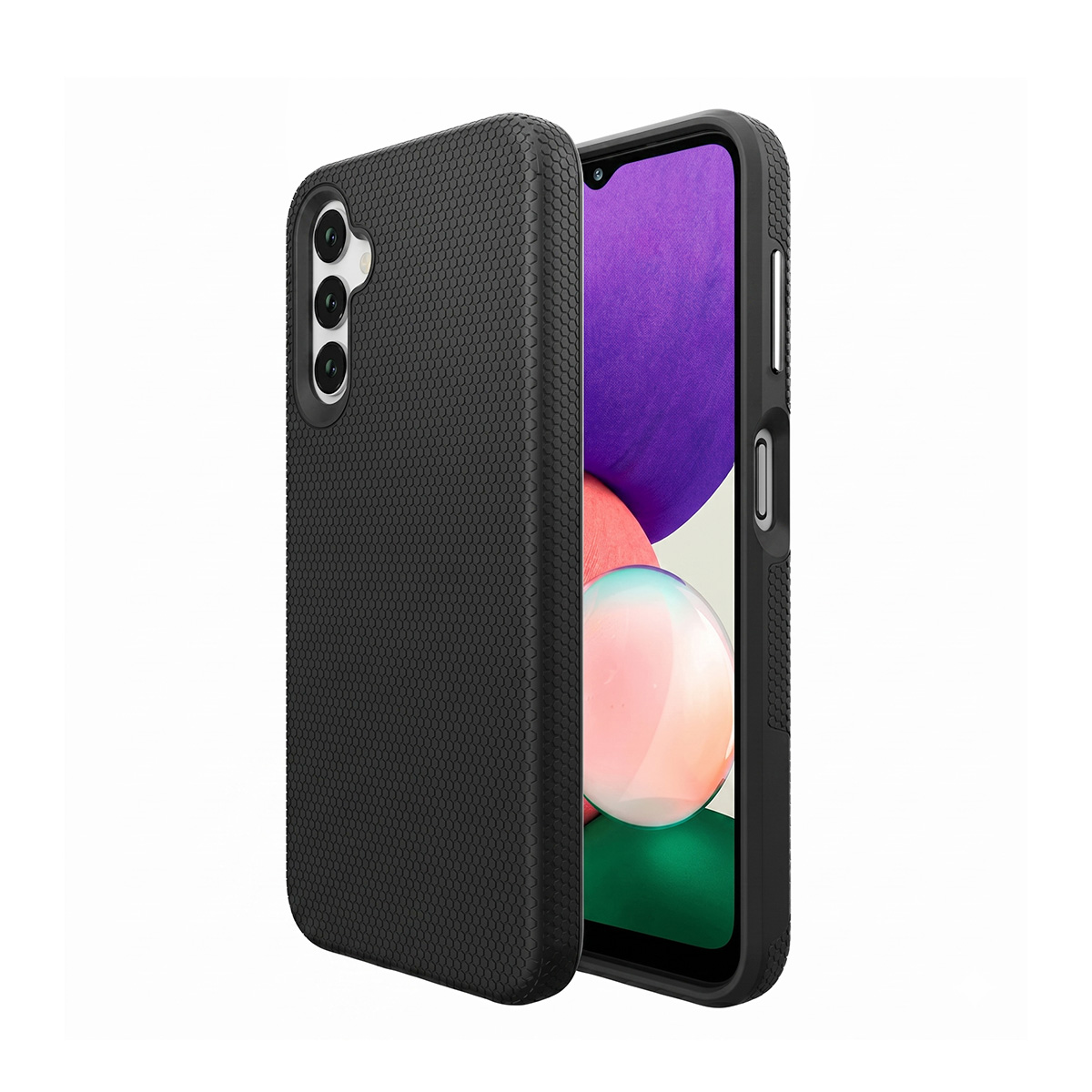 Telefono nero con custodia a nido d'ape, fotocamera posteriore visibile.