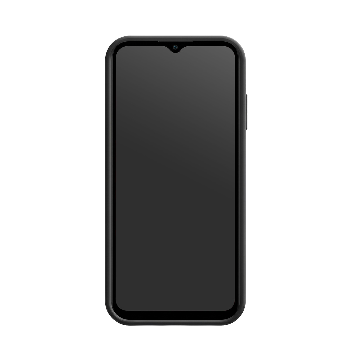 Uno smartphone nero con schermo scuro e una singola fotocamera frontale in alto.