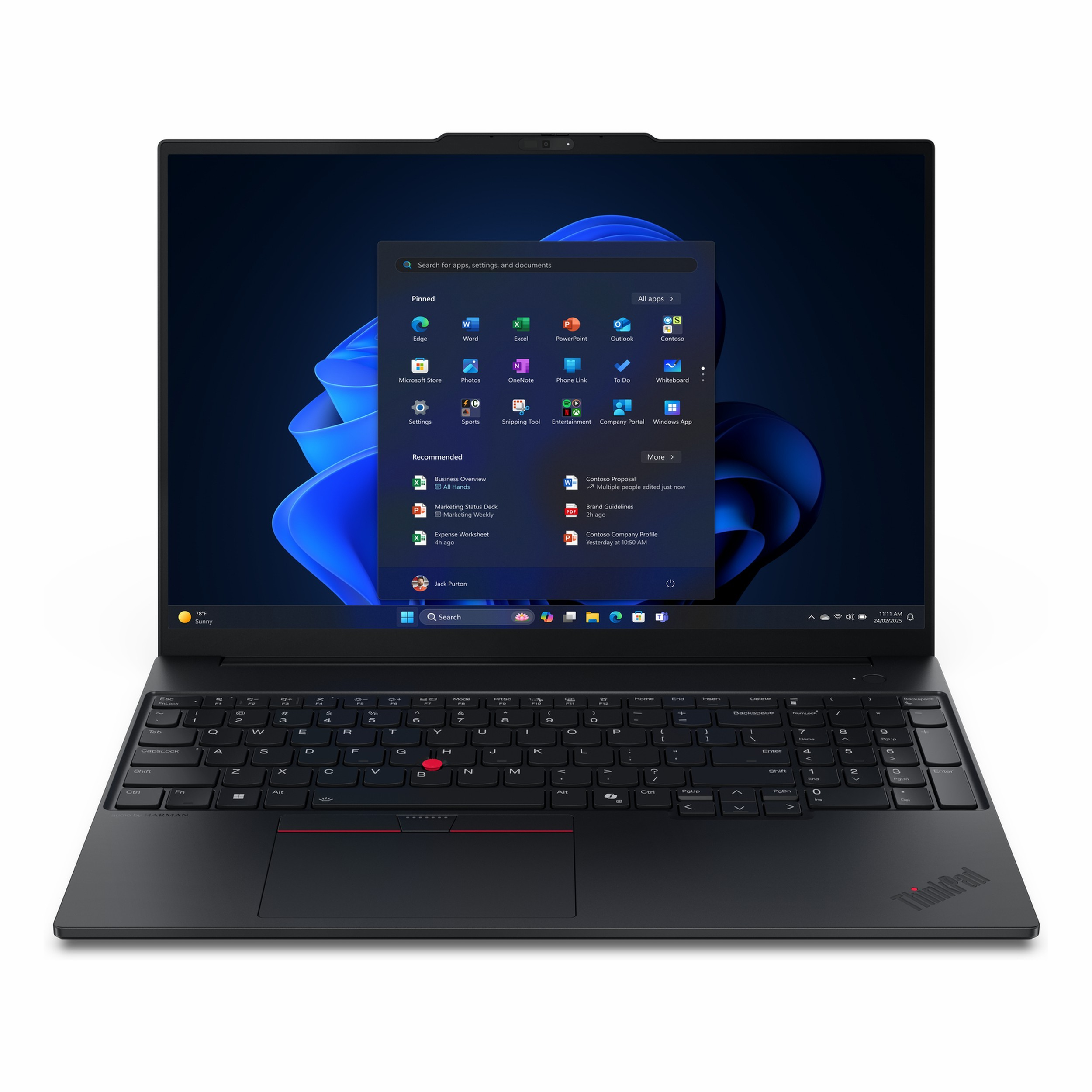 Windows 11 başlangıç menüsü ve aydınlatmalı klavyeye sahip siyah dizüstü bilgisayar.
