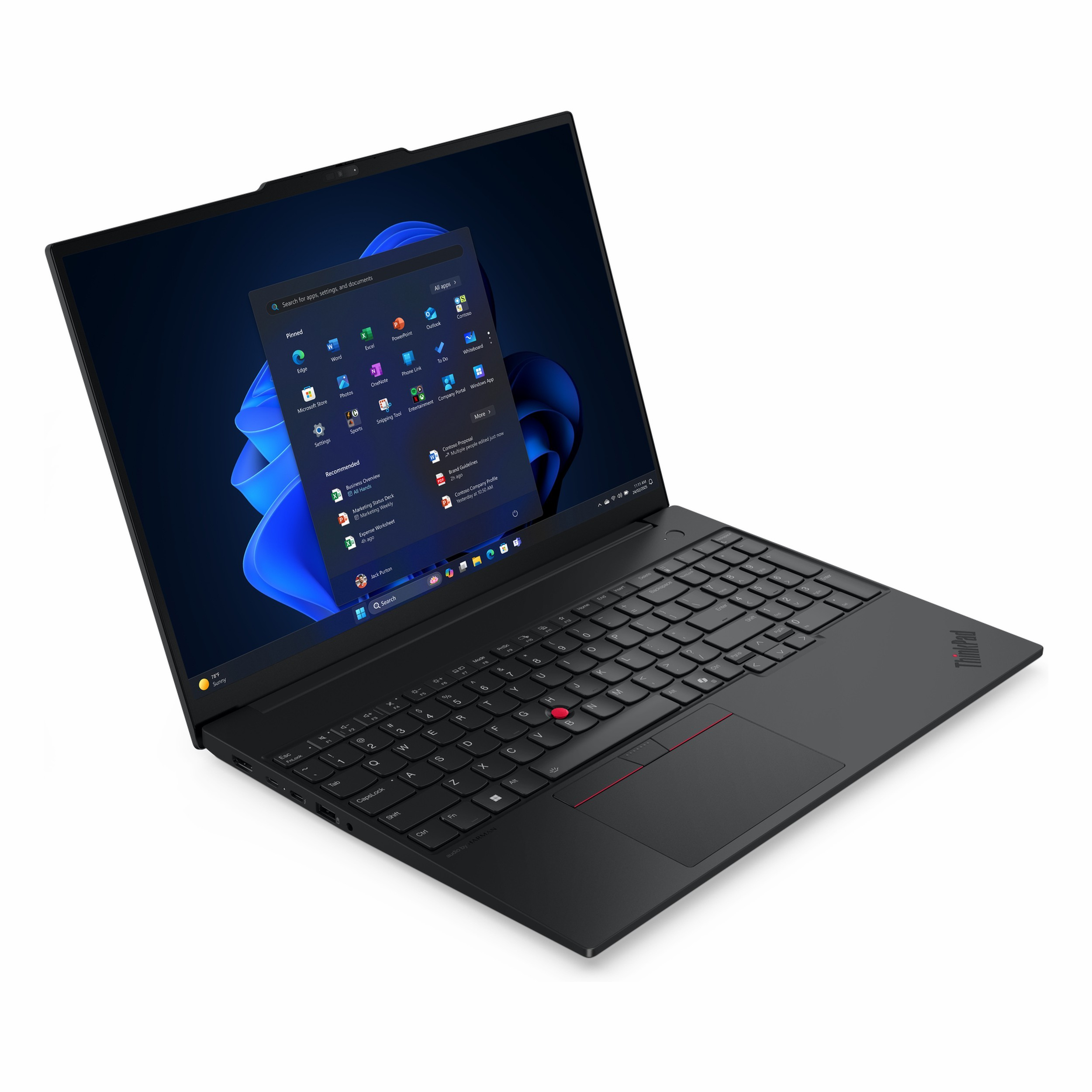 Windows 11 başlangıç menüsü ve klavyeli siyah dizüstü bilgisayar.
