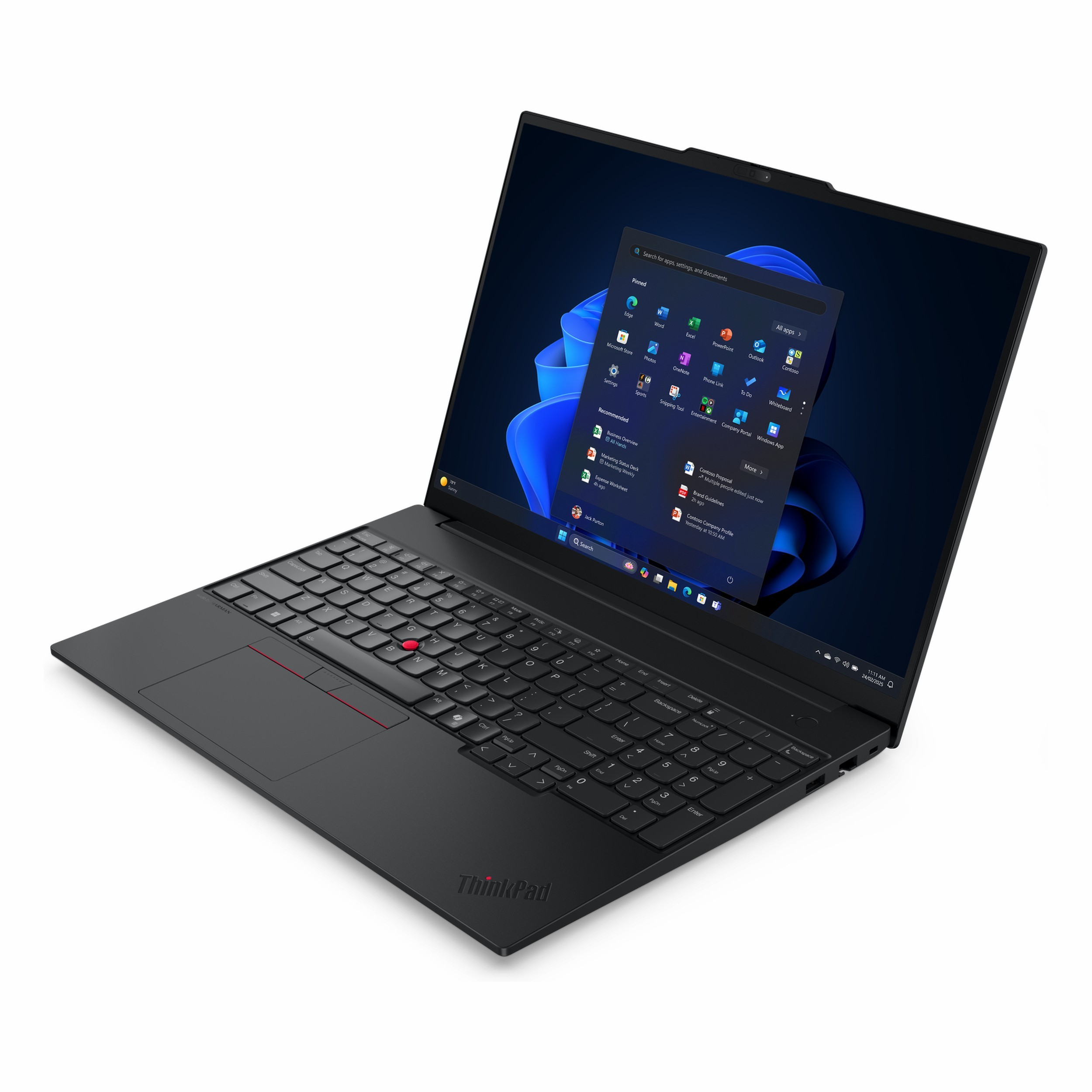 Windows 11 başlangıç menüsünü gösteren açık ekranlı siyah bir dizüstü bilgisayar.