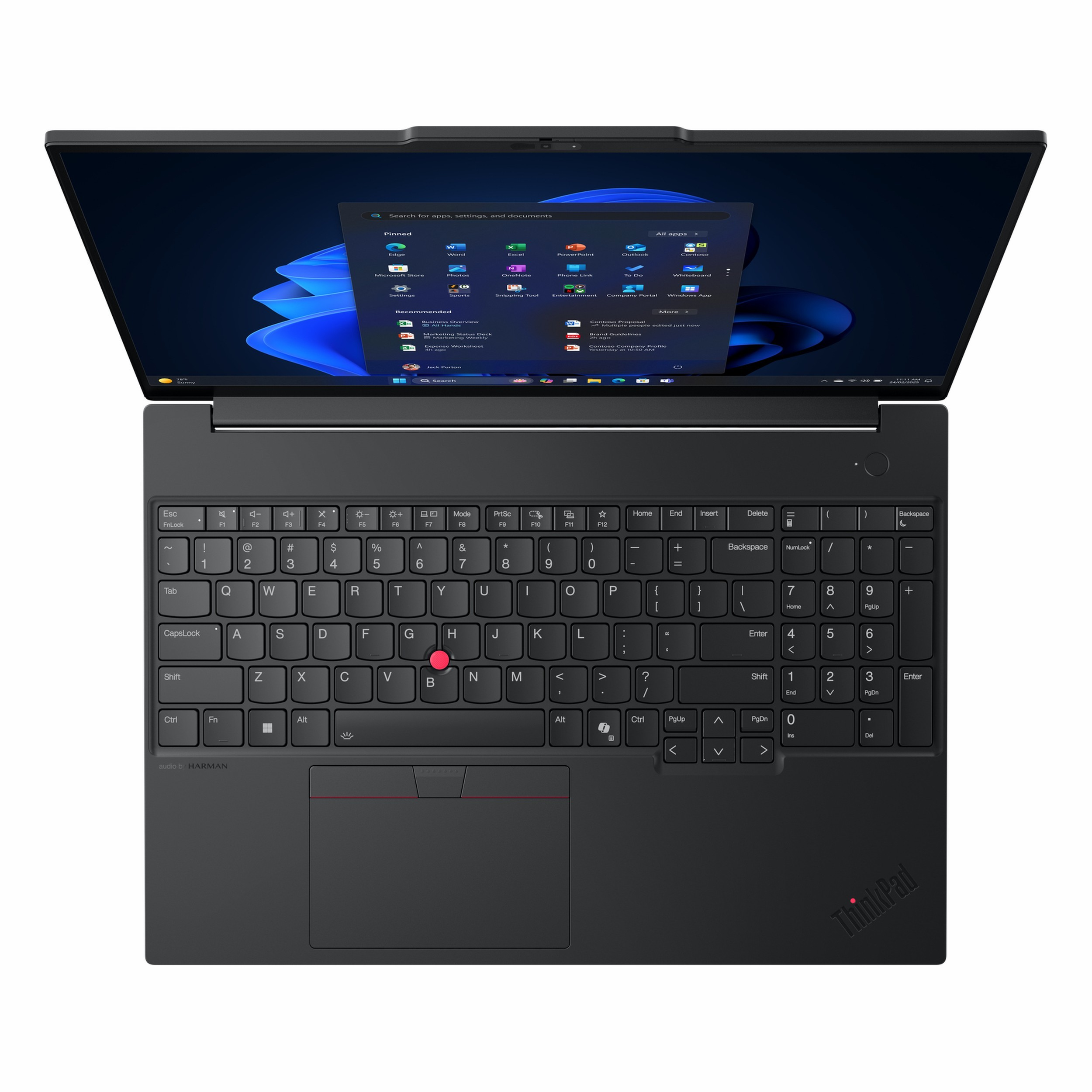Windows 11 başlangıç menüsünü gösteren açık ekranlı siyah bir dizüstü bilgisayar.