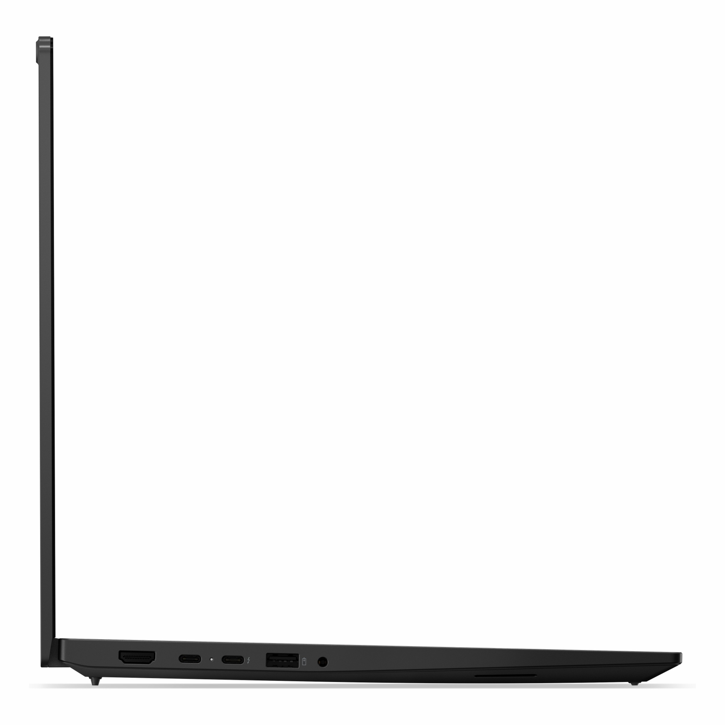 HDMI ve USB-C bağlantı noktalarını gösteren siyah bir dizüstünün yan görünümü.