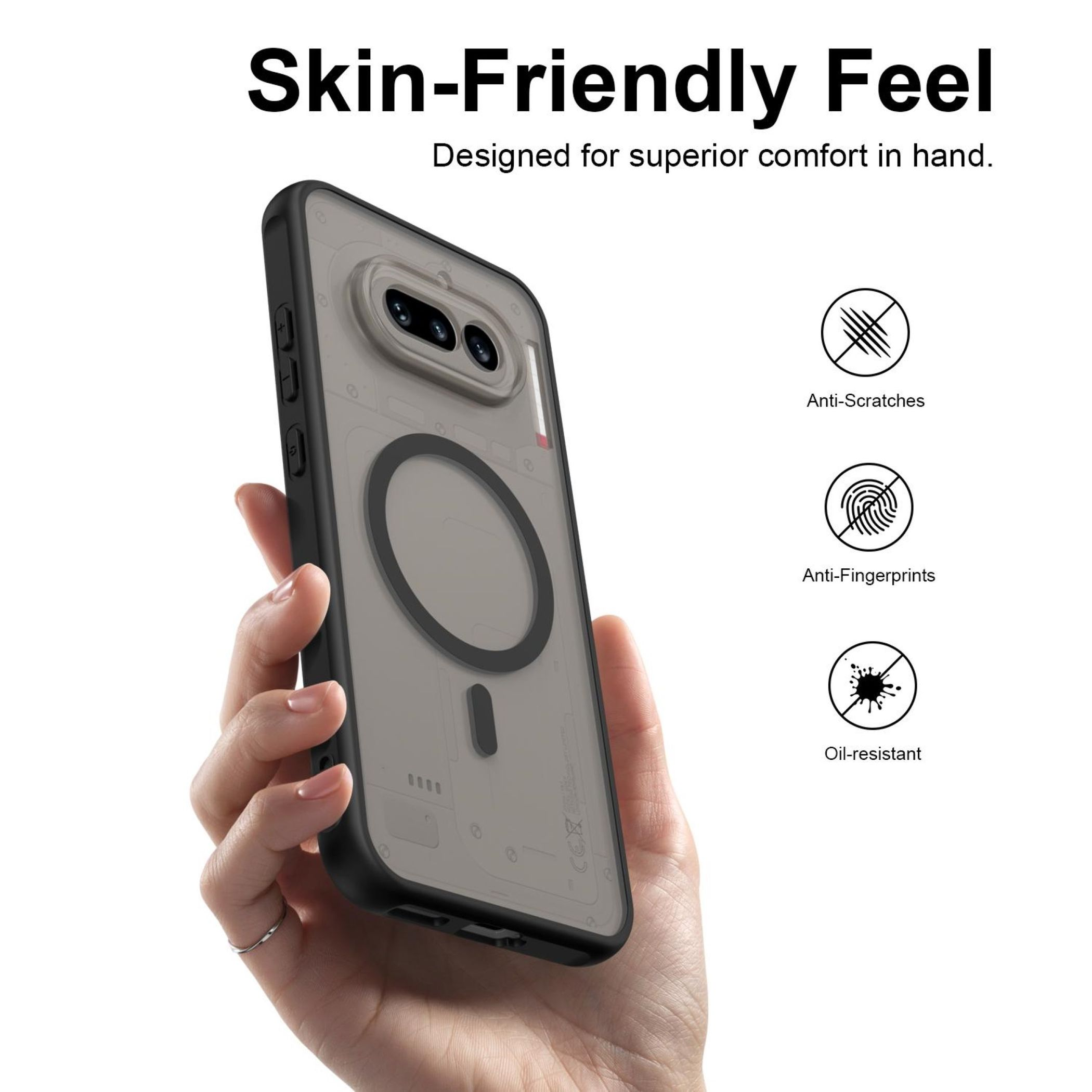 Eine Hand hält eine transparente Handyhülle mit schwarzem Rand. Funktionen sind hervorgehoben.