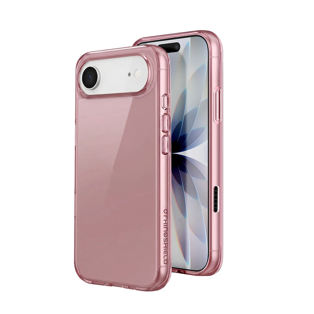 Custodia iPhone oro rosa con retro e pulsanti trasparenti. Schermo del telefono visibile.