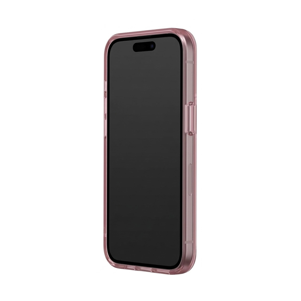 Un telefono color oro rosa con custodia trasparente su sfondo bianco.