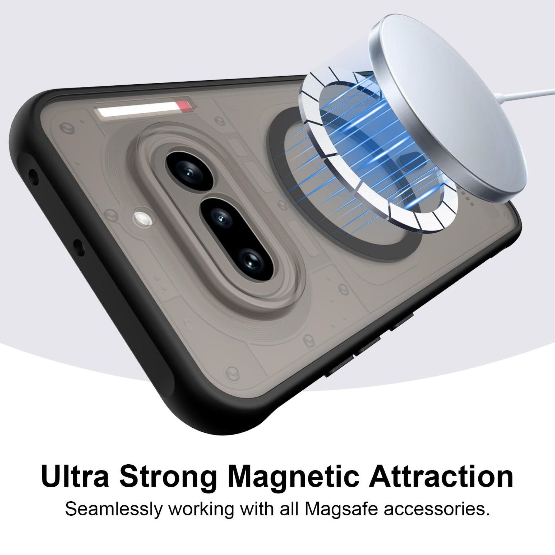 Ein transparentes Handycase mit Magnet-Ladegerät und blauen Energiestrahlen.