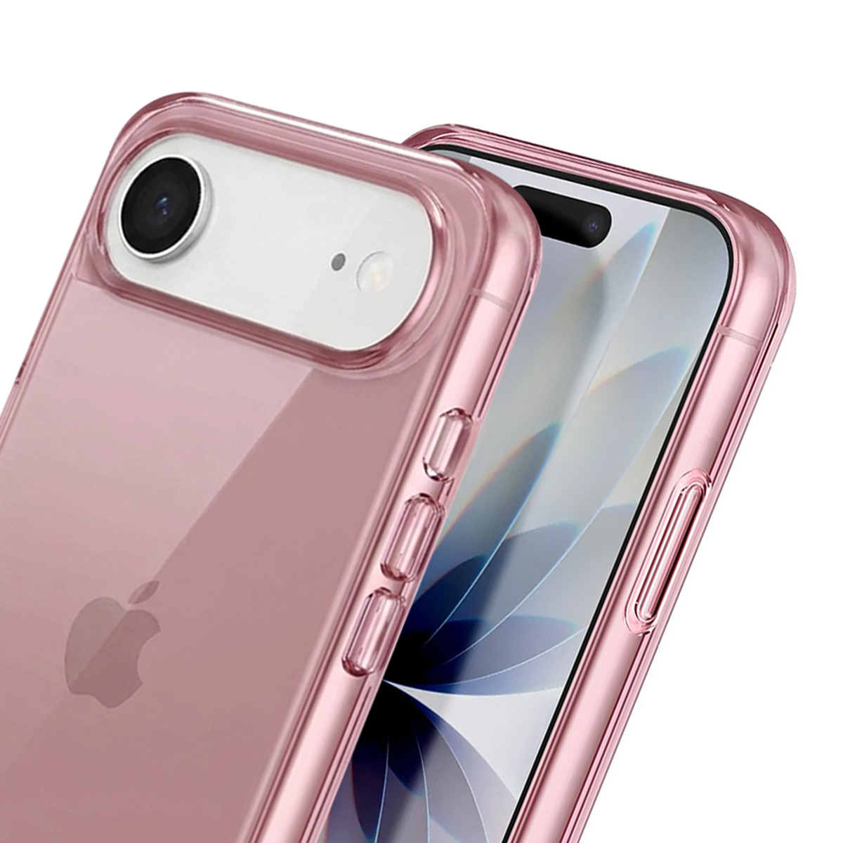 Un telefono color oro rosa con custodia trasparente, che mostra una doppia fotocamera posteriore.