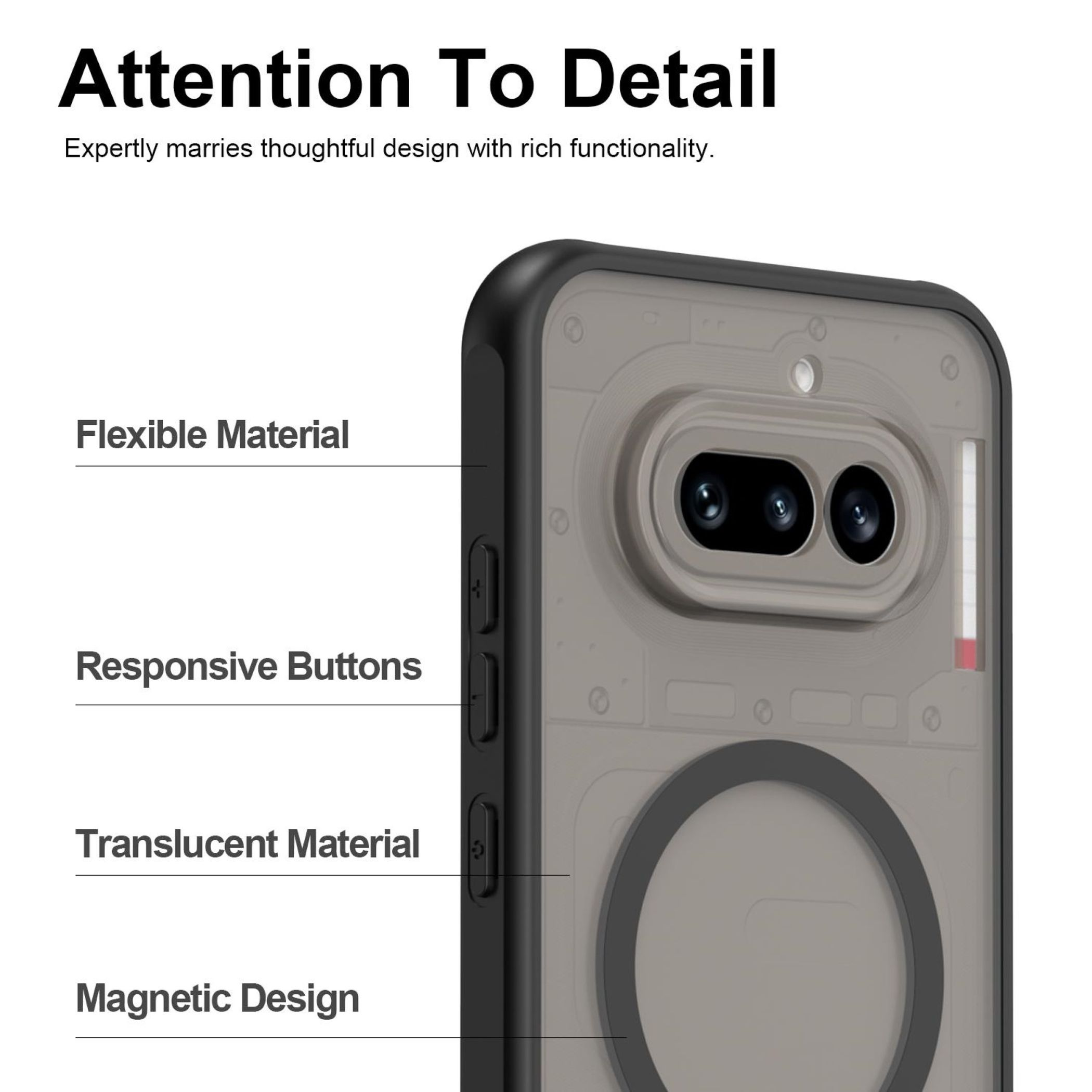 Transparente Handyhülle mit Kamera, Tasten und Magnetring.