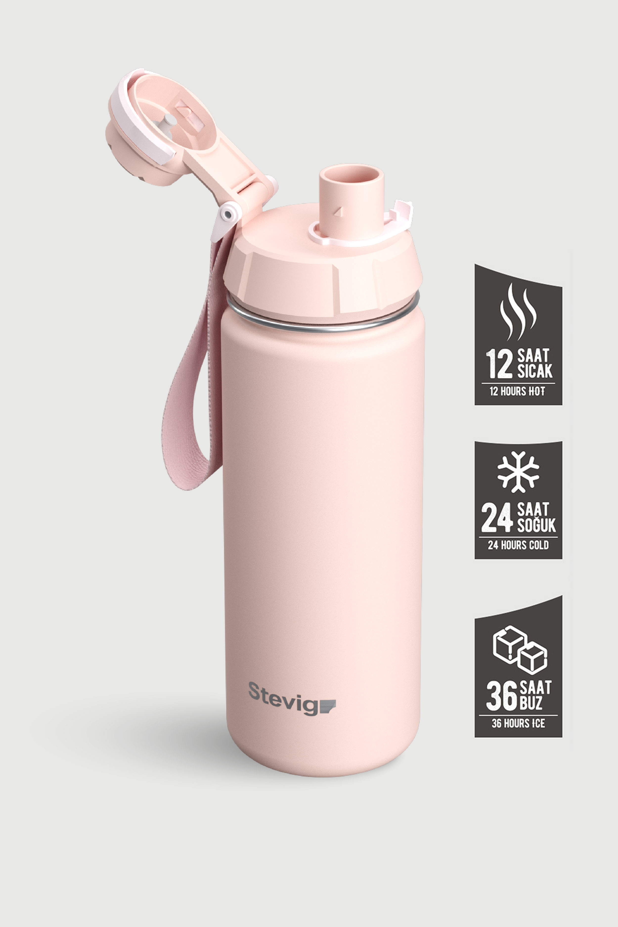 Pembe Stevig matarası açık kapaklı ve askılıdır.