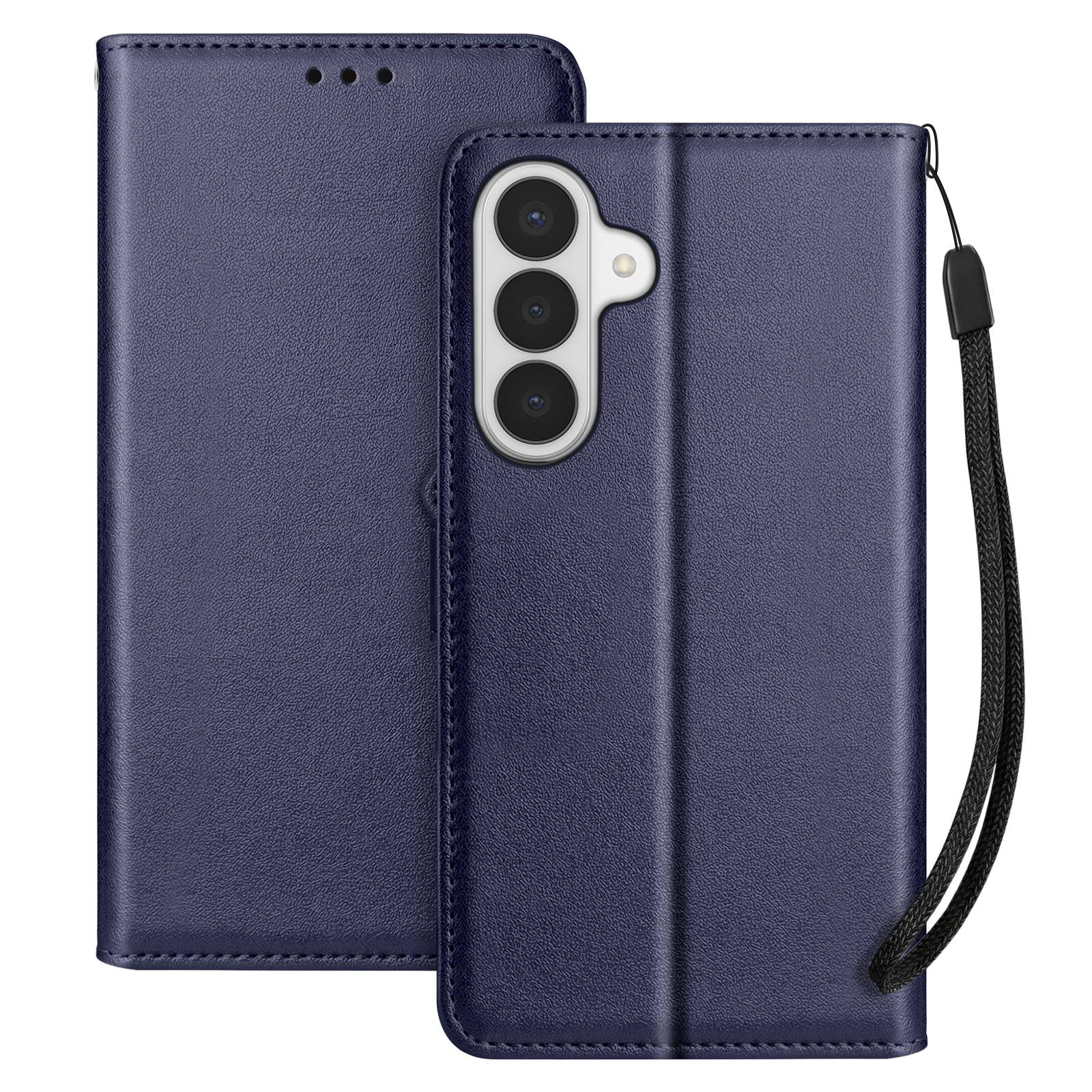 Custodia in pelle blu scuro con tre obiettivi e cordino.