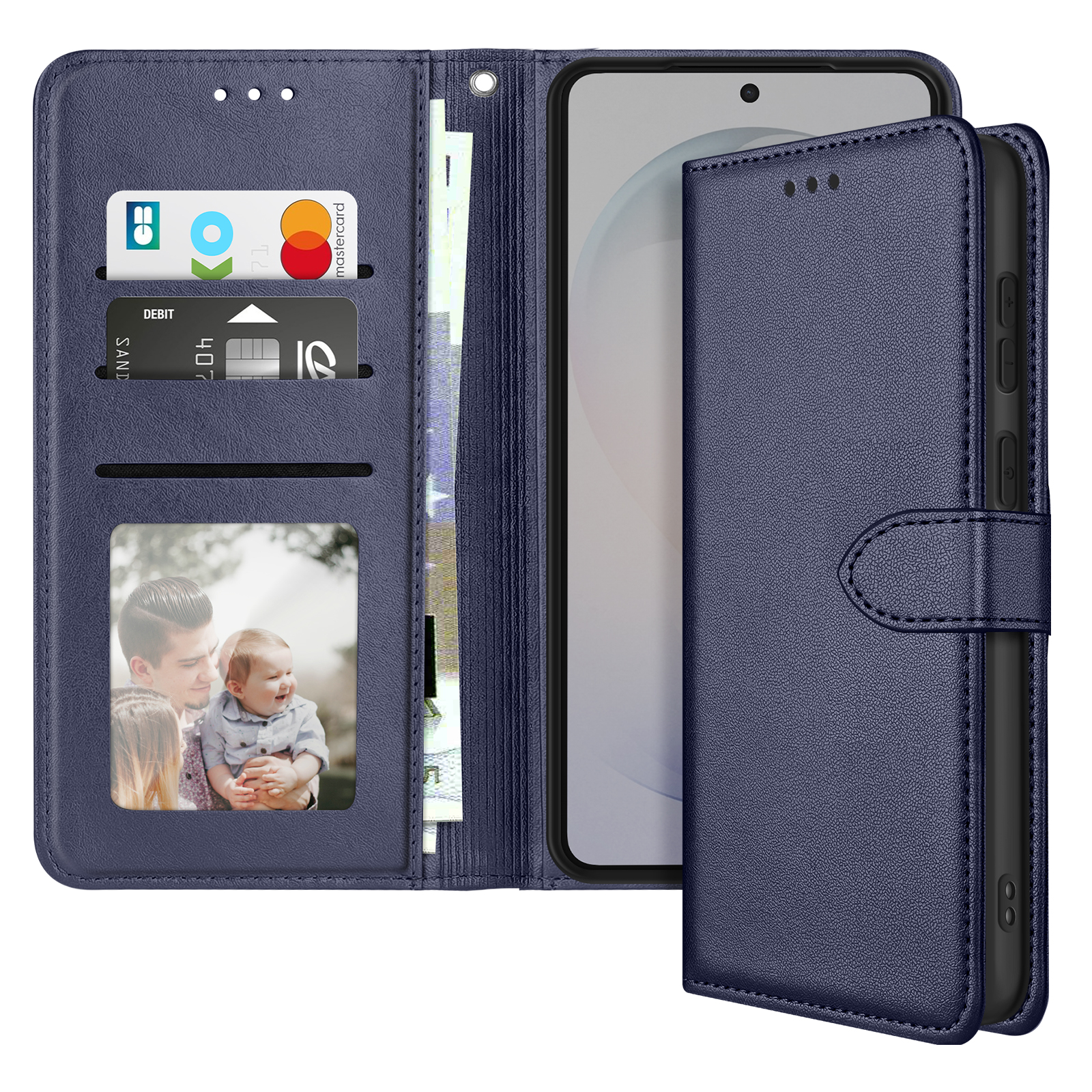 Portafoglio blu scuro con slot per carte, denaro e foto. Un telefono è inserito.