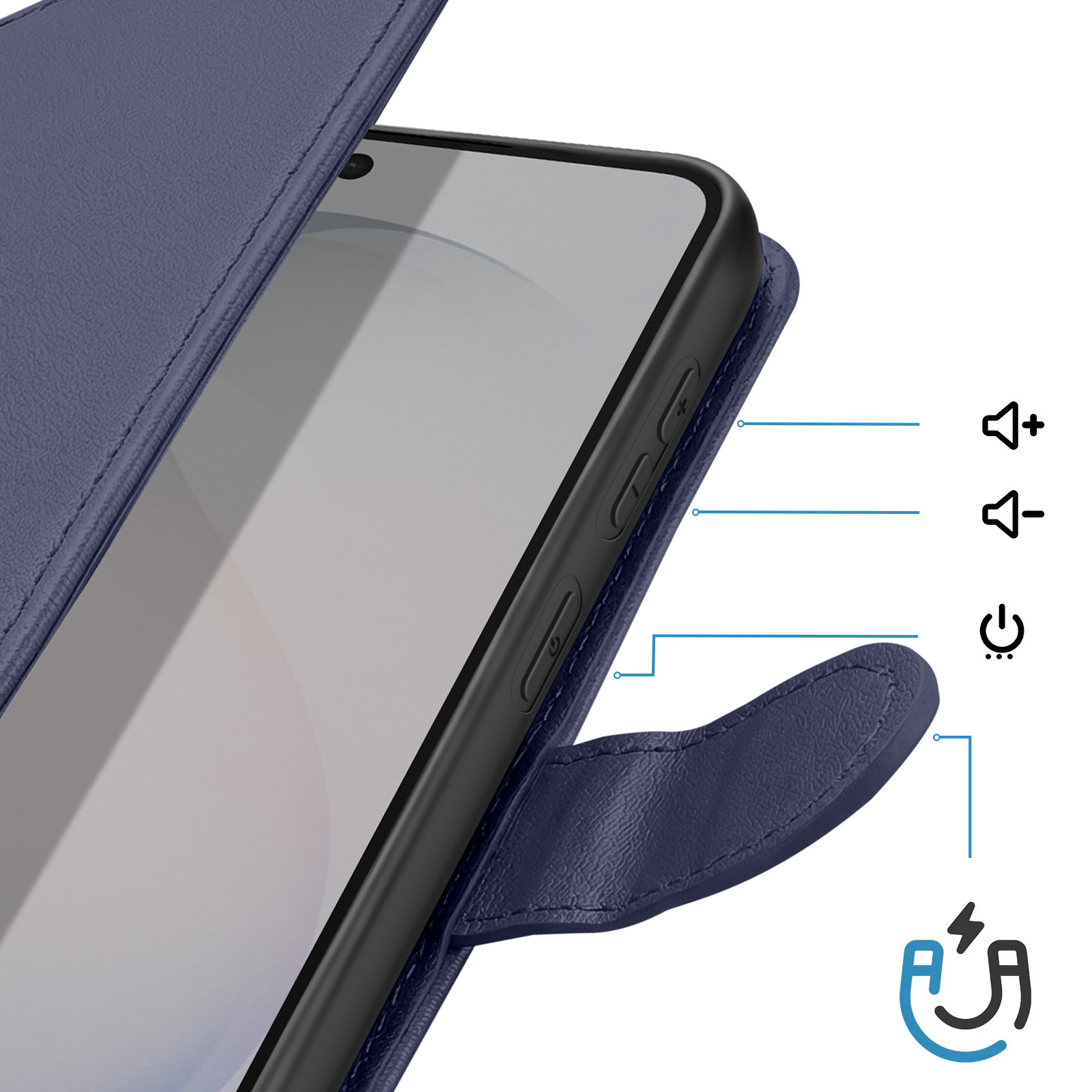 Custodia blu scuro per telefono con chiusura magnetica, tasti volume e accensione.