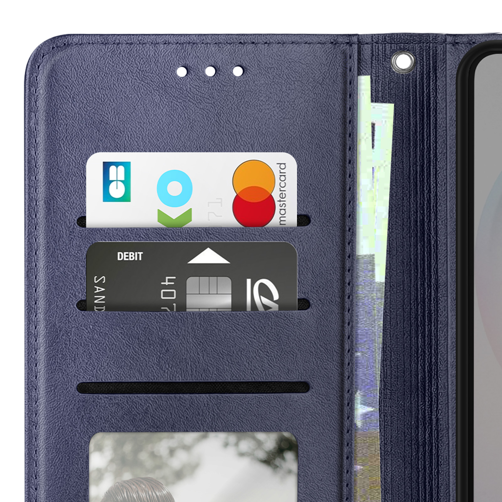 Custodia blu per telefono con fessure per carte: carta di credito, debito e banconote.