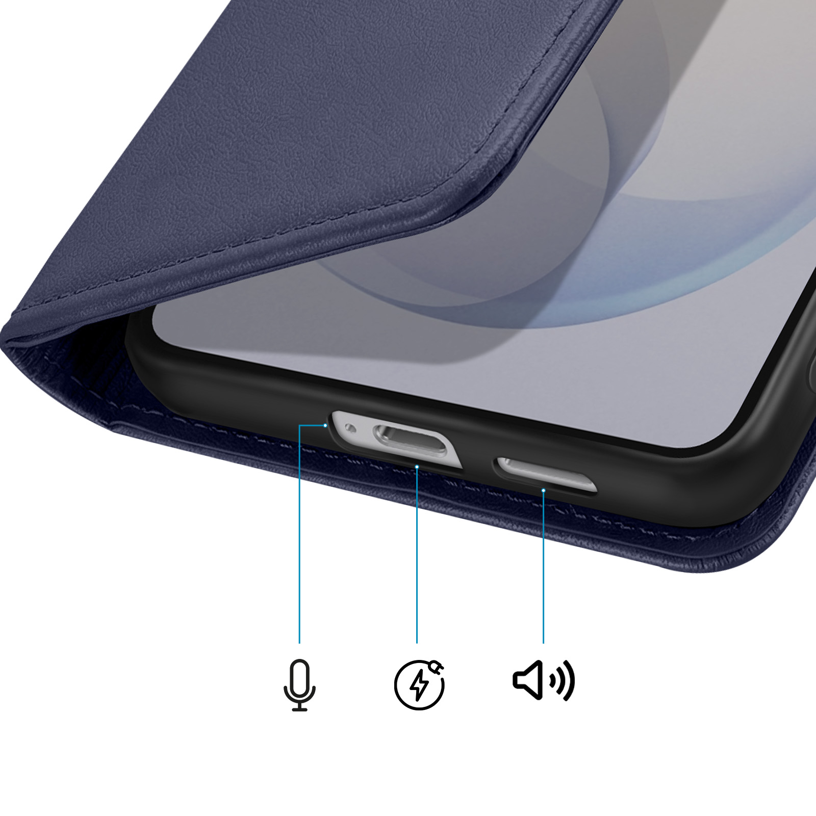 Custodia blu scuro per telefono con pulsanti laterali e icone per microfono, carica e volume.