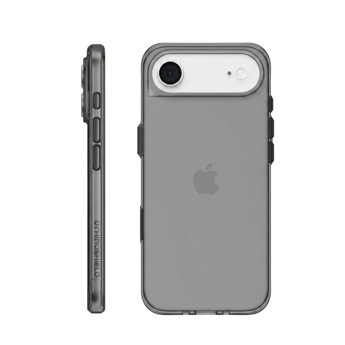 Graue Handyhülle mit Kameraausschnitt und Apple-Logo, von der Seite und von hinten.
