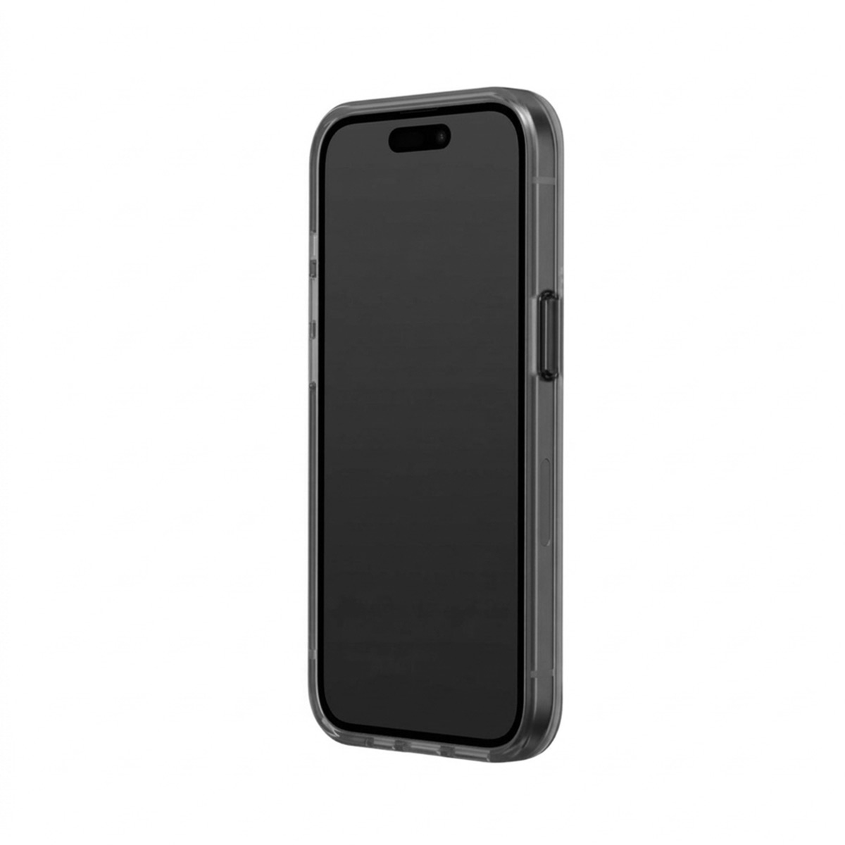 Ein dunkles Smartphone mit einem transparenten Gehäuse auf weißem Hintergrund.